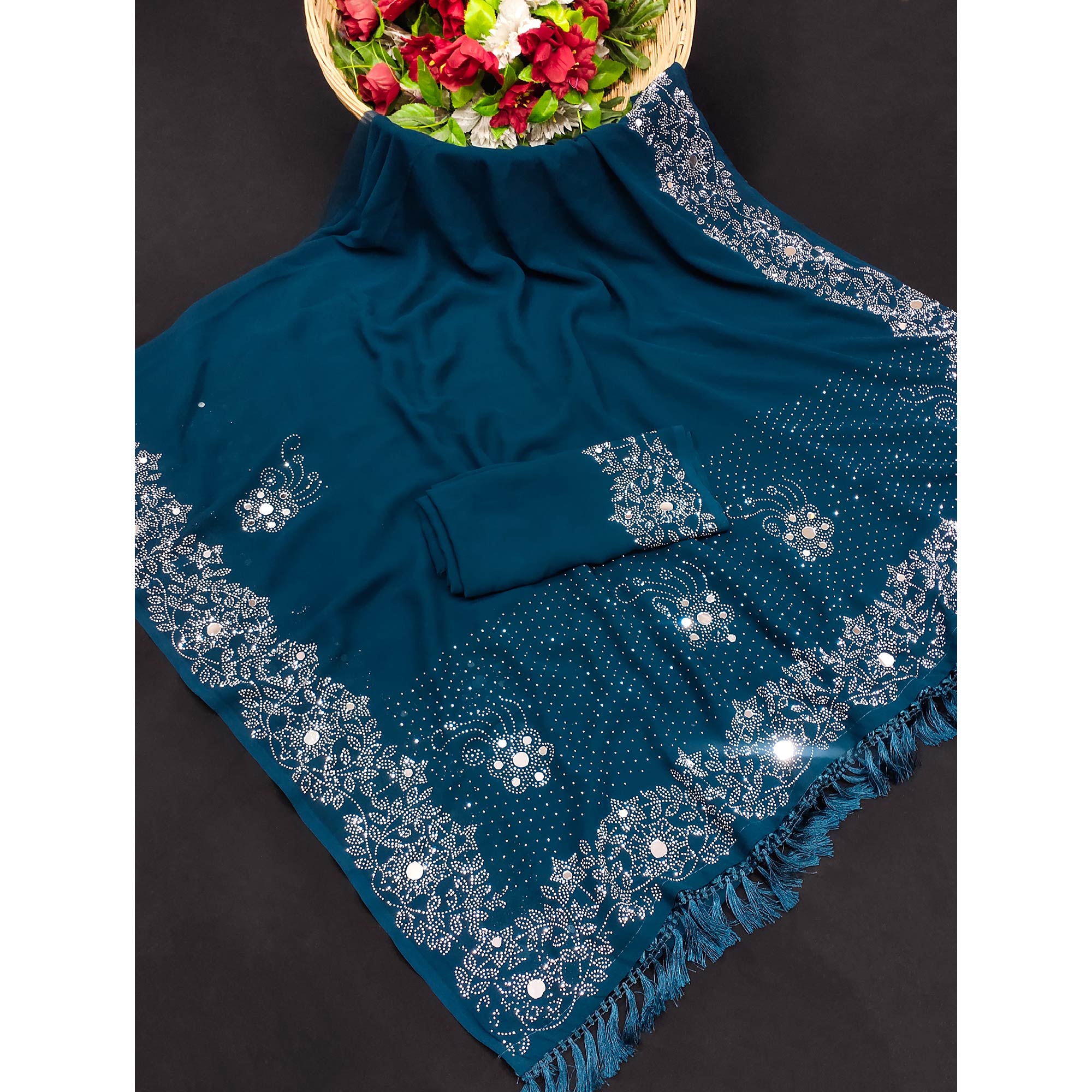 Morpich Swarovski With Mirror Work Georgette Saree