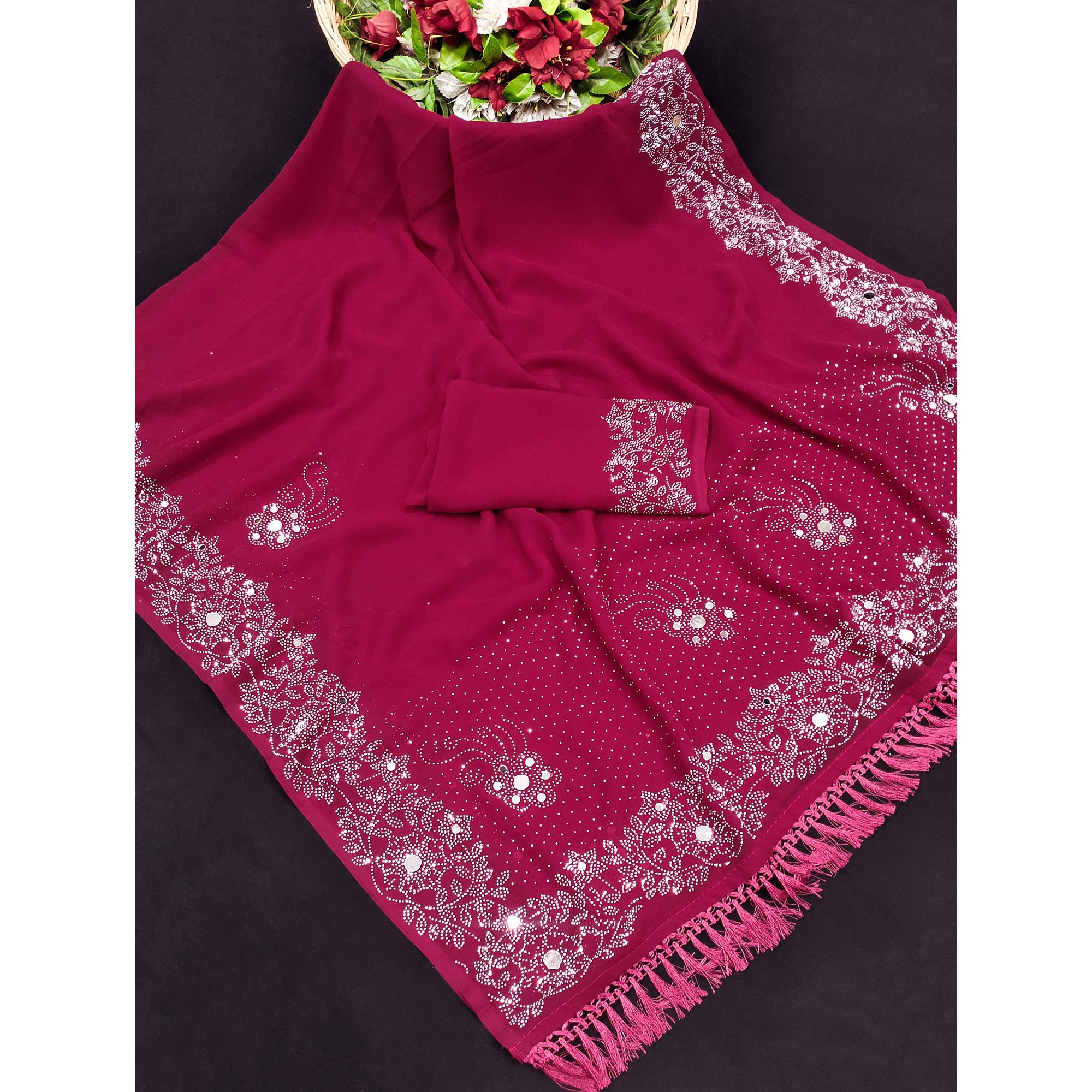 Pink Swarovski With Mirror Work Georgette Saree