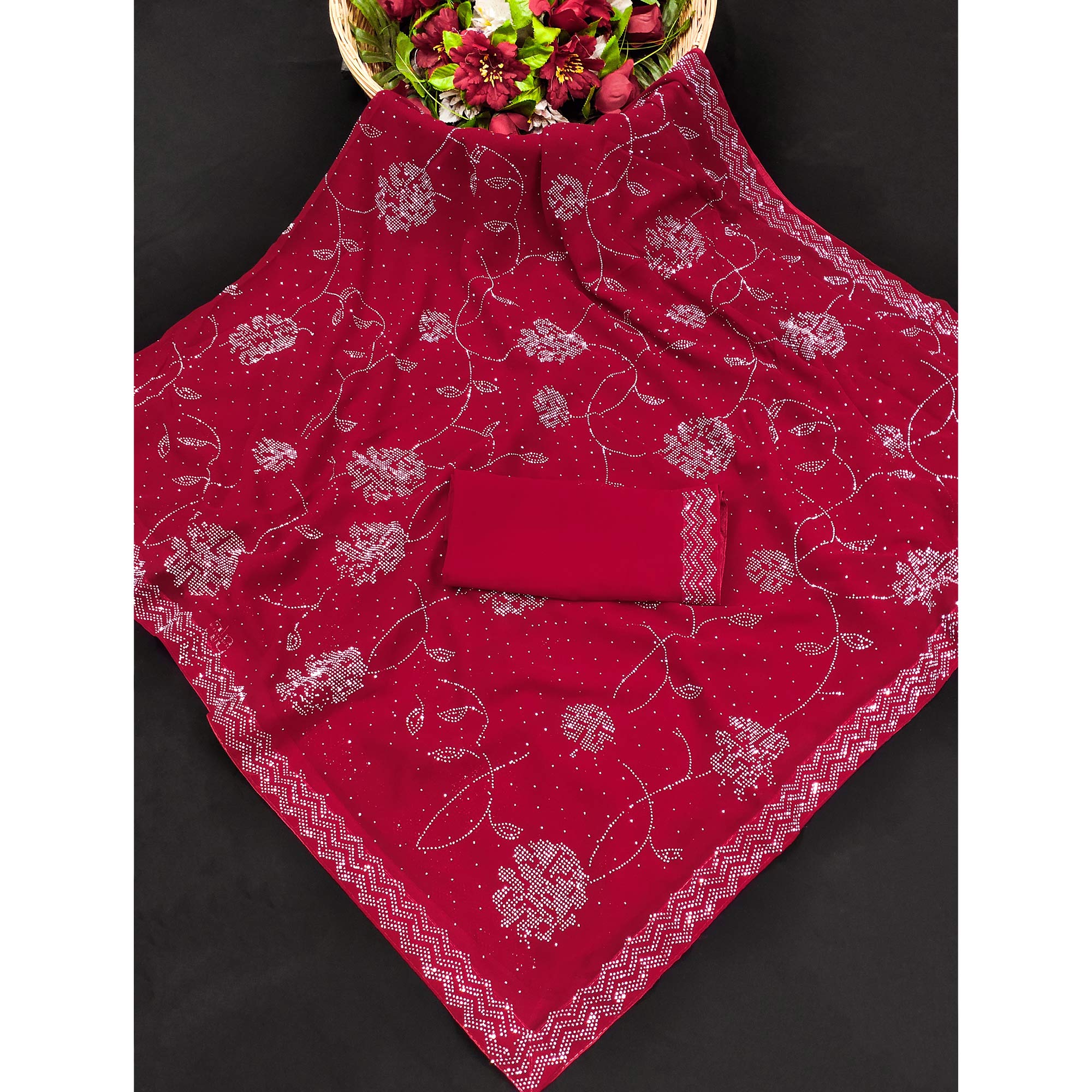 Cherry Red Swarovski Work Georgette Saree
