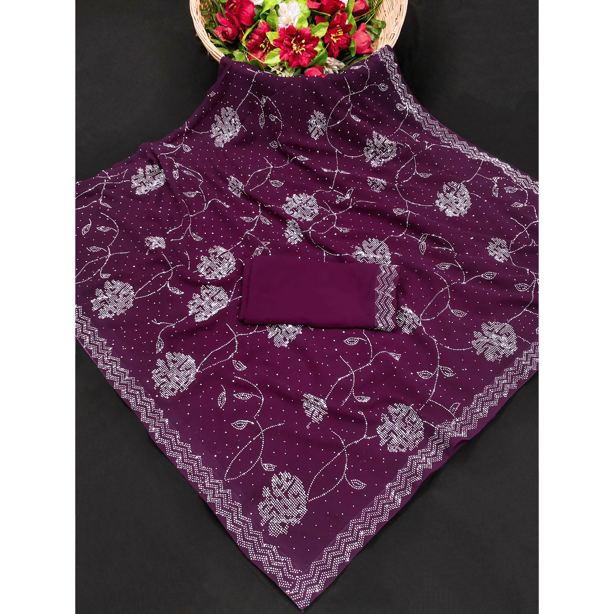 Wine Swarovski Work Georgette Saree