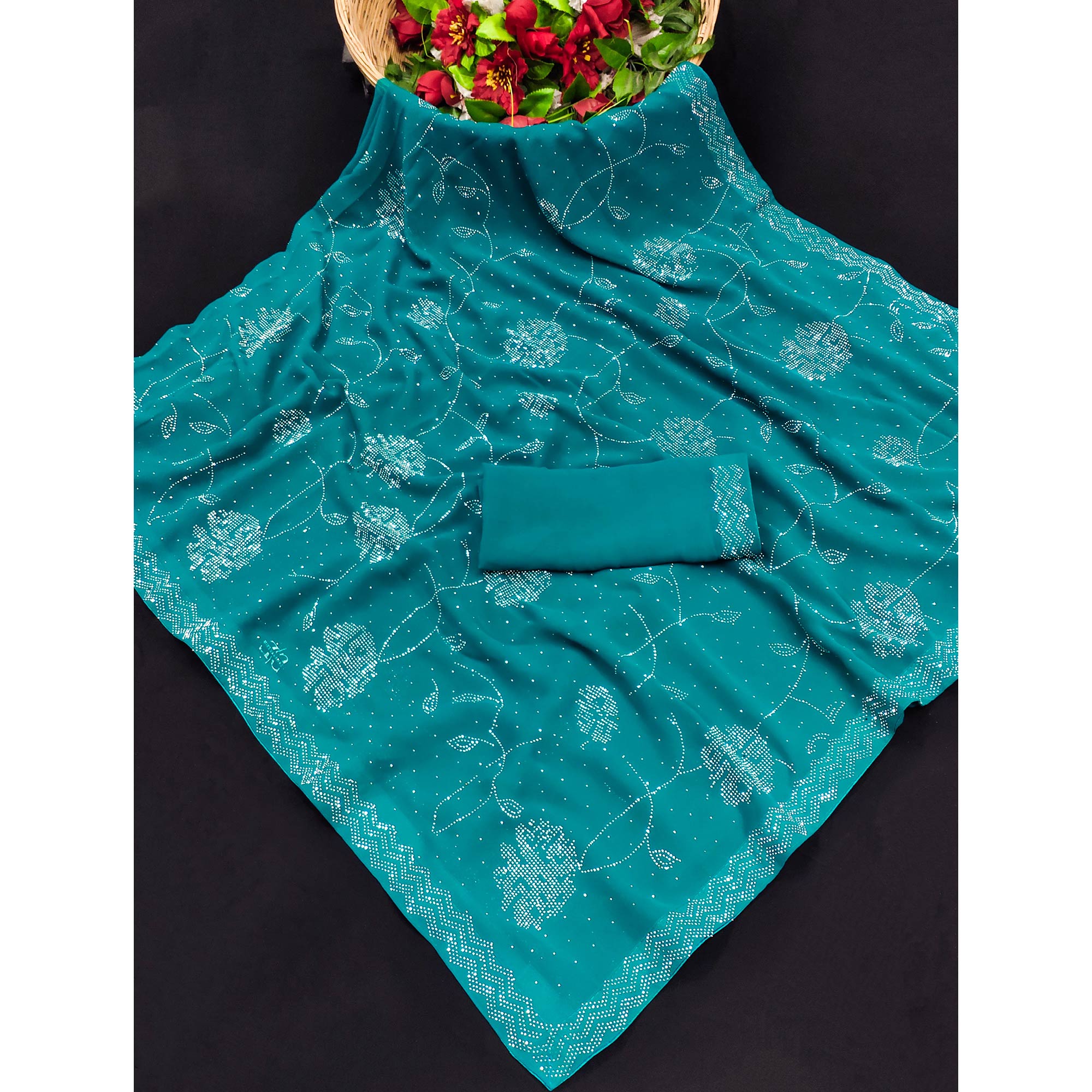 Turquoise Swarovski Work Georgette Saree