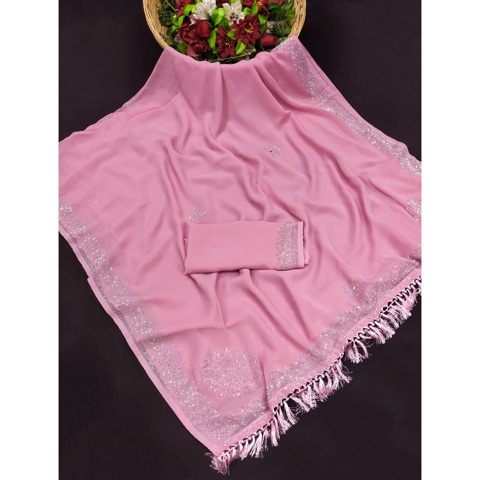 Pink Swarovski Work Georgette Saree With Tassels