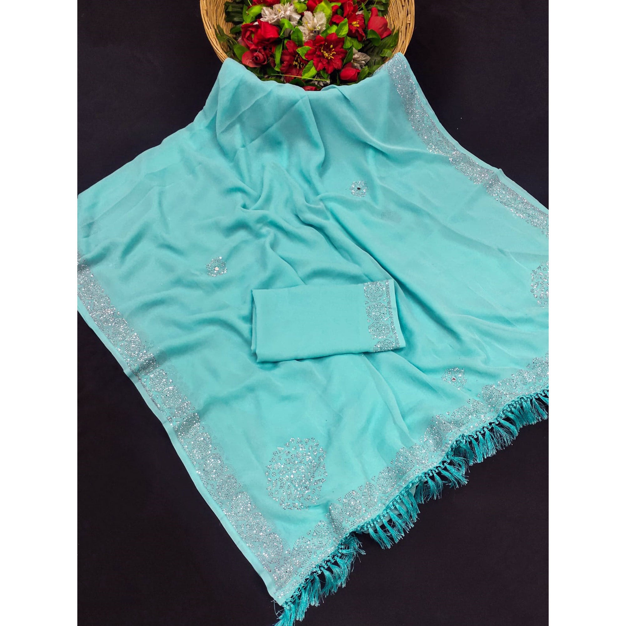 Turquoise Swarovski Work Georgette Saree With Tassels