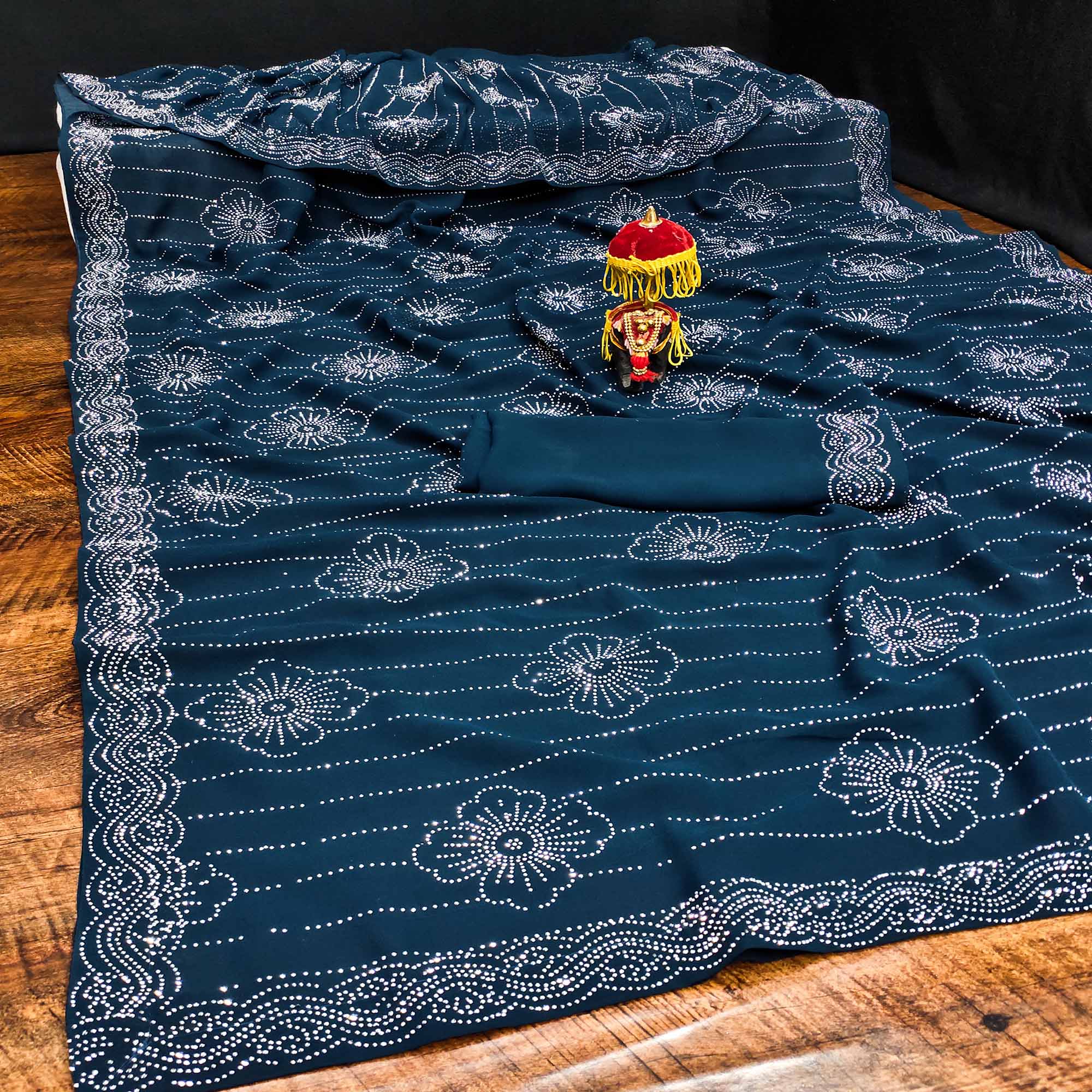 Teal Floral Swarovski Work Georgette Saree