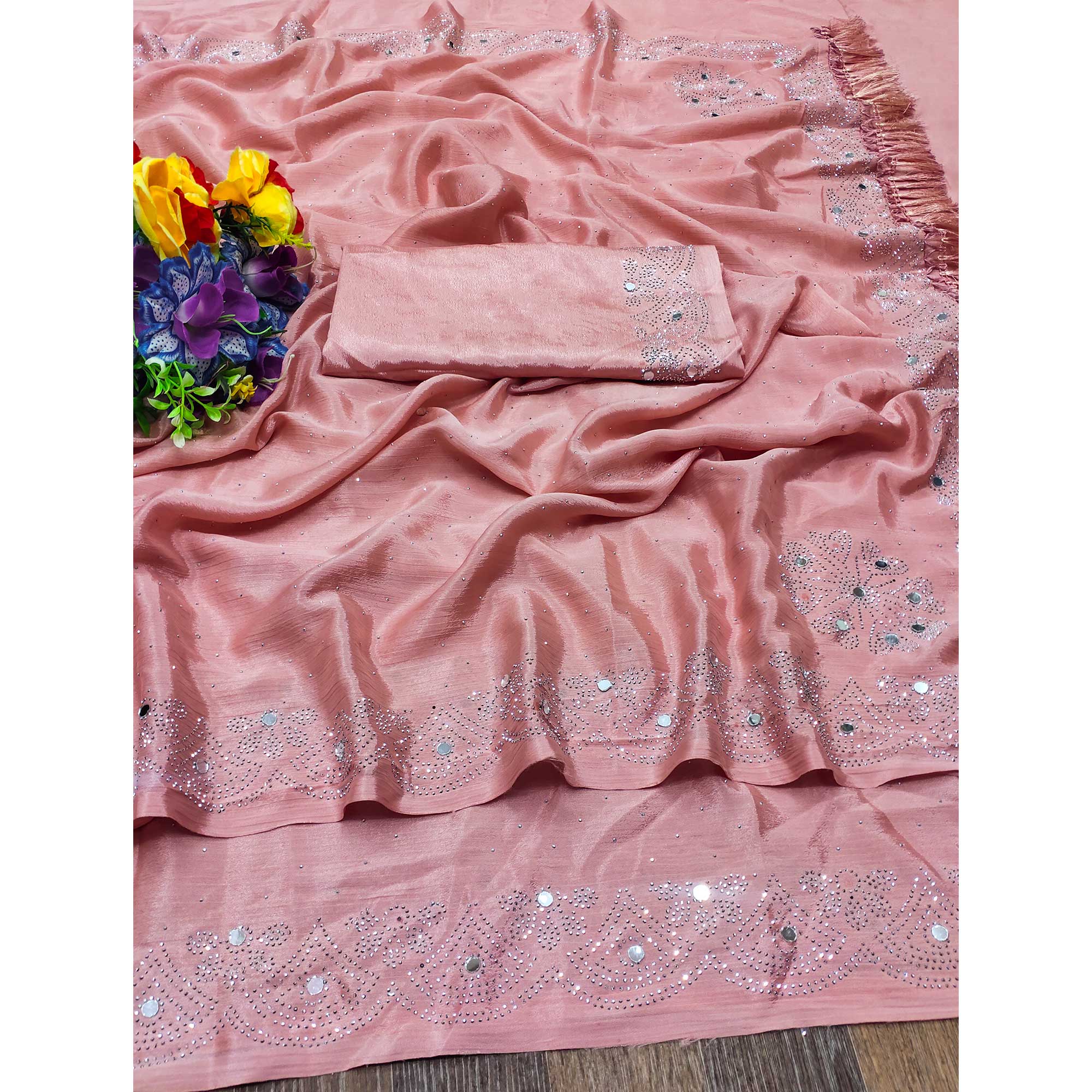 Peach Mirror With Swarovski Work Chinon Saree