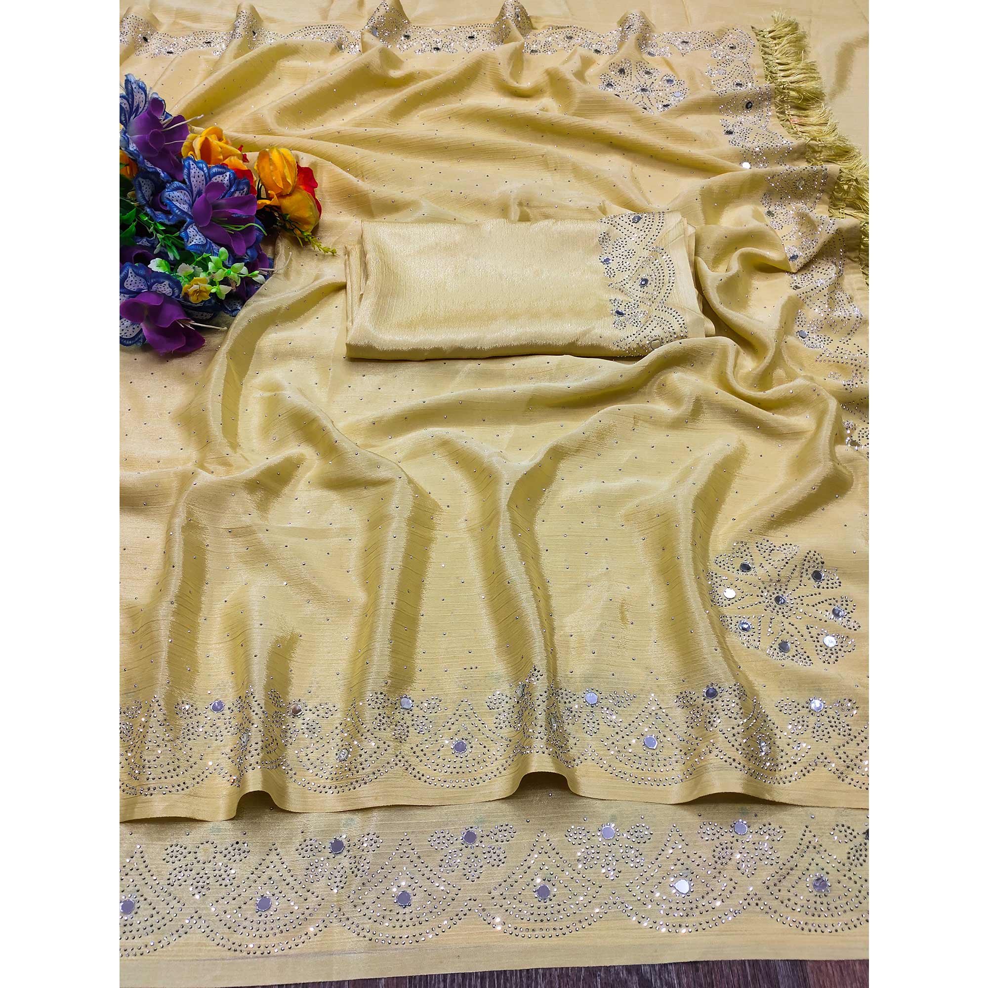 Yellow Mirror With Swarovski Work Chinon Saree