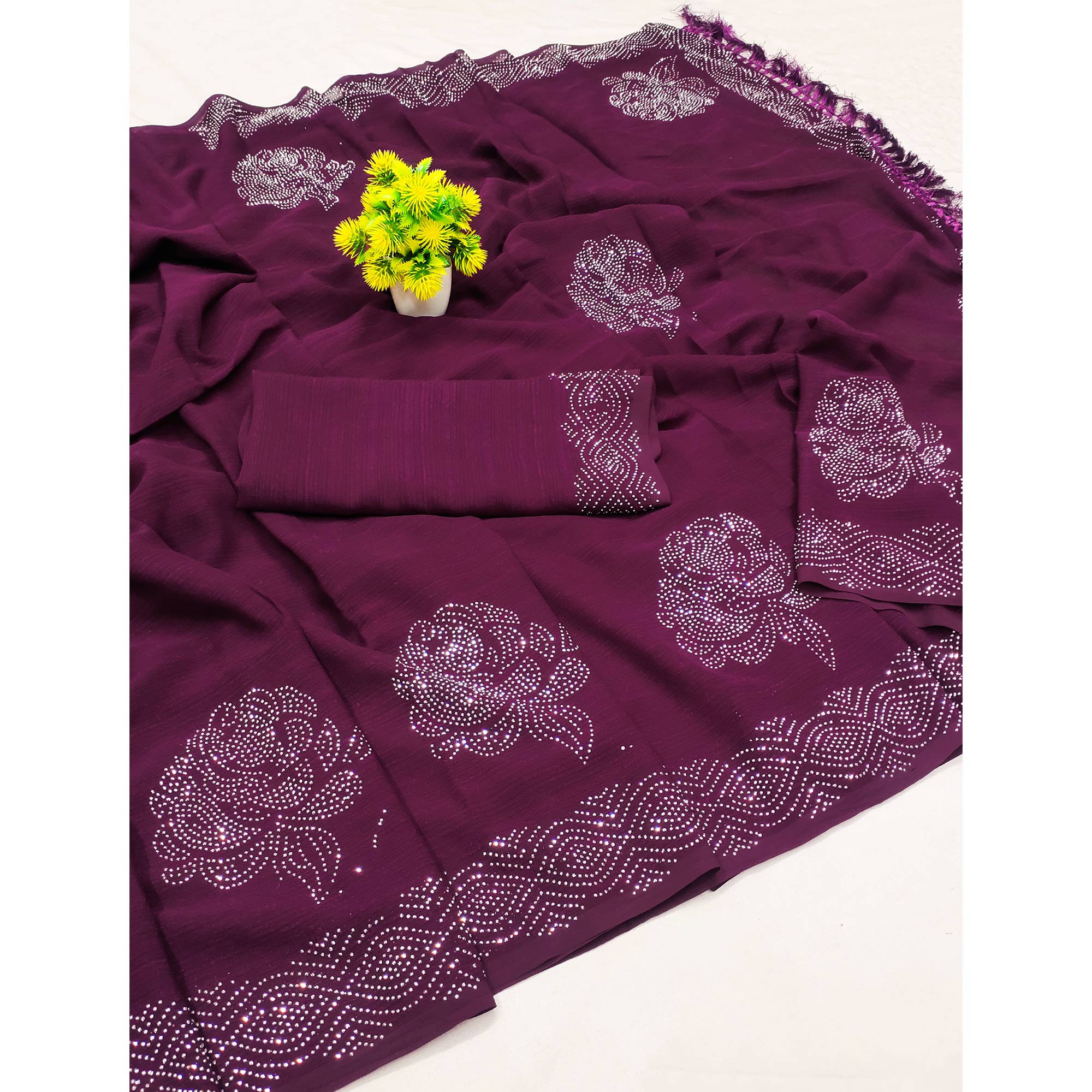 Wine Swarovski Work Georgette Saree With Tassels