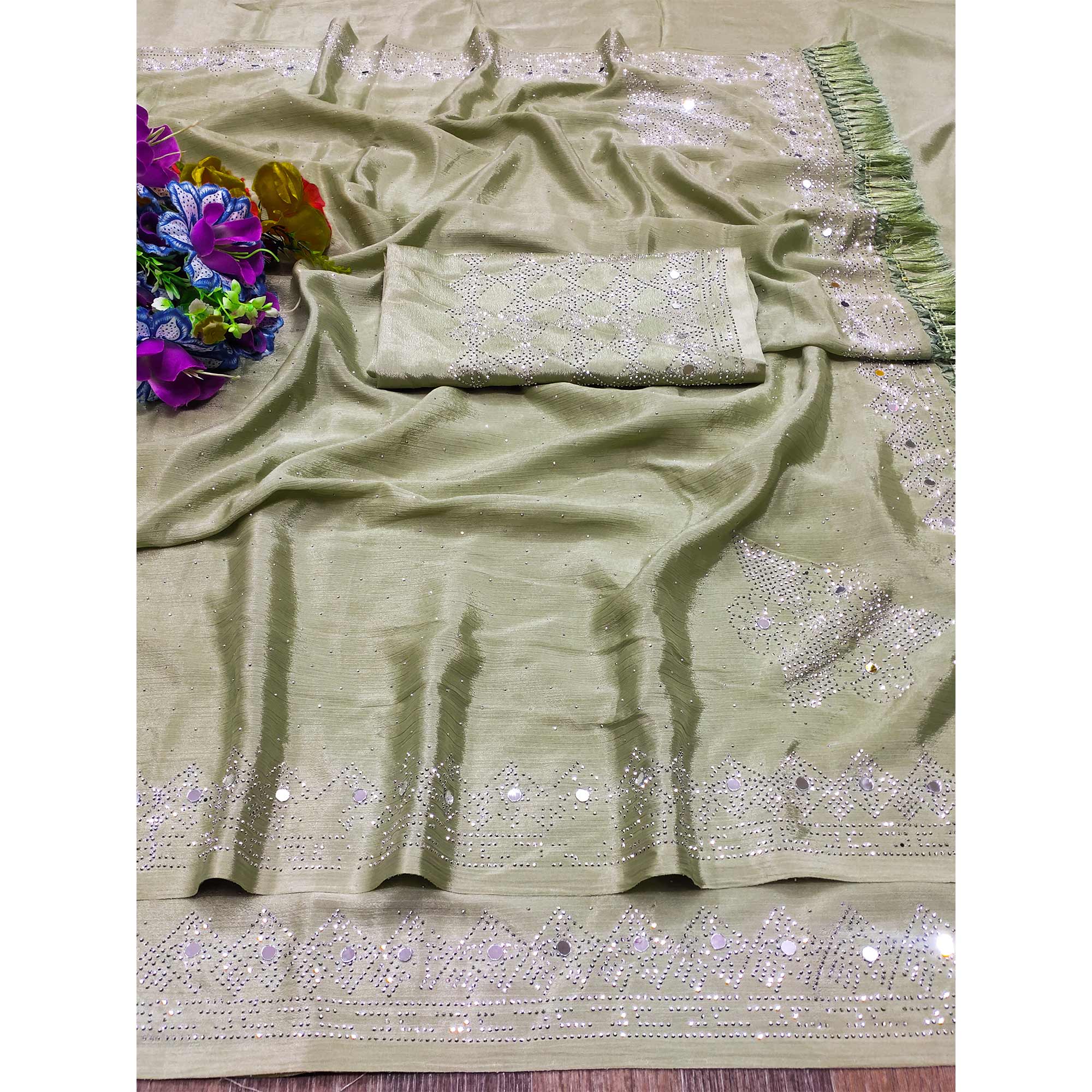 Green Mirror With Swarovski Work Chinon Saree With Tassels