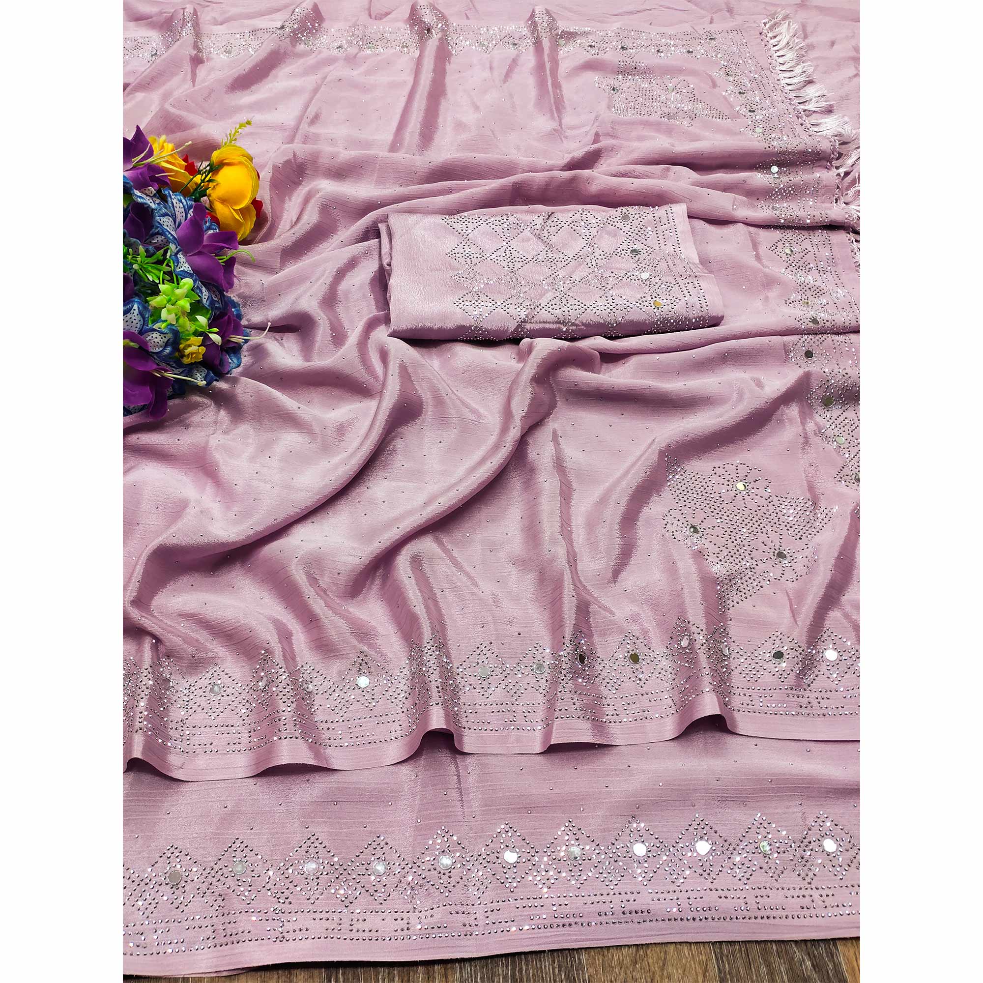 Lilac Purple Mirror With Swarovski Work Chinon Saree With Tassels