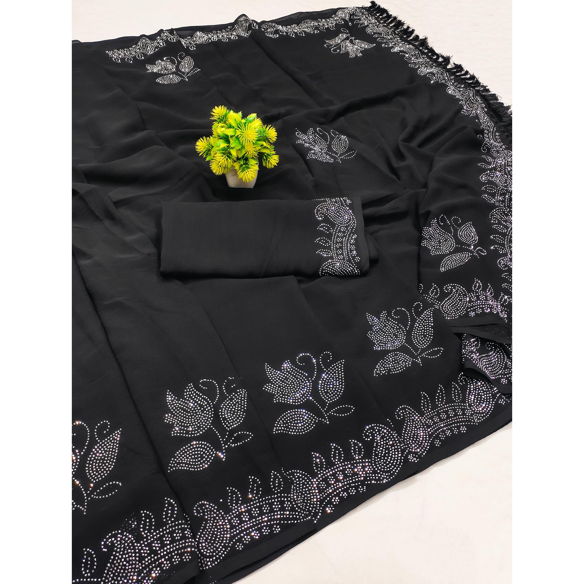 Black Floral Swarovski Work Georgette Saree With Tassels