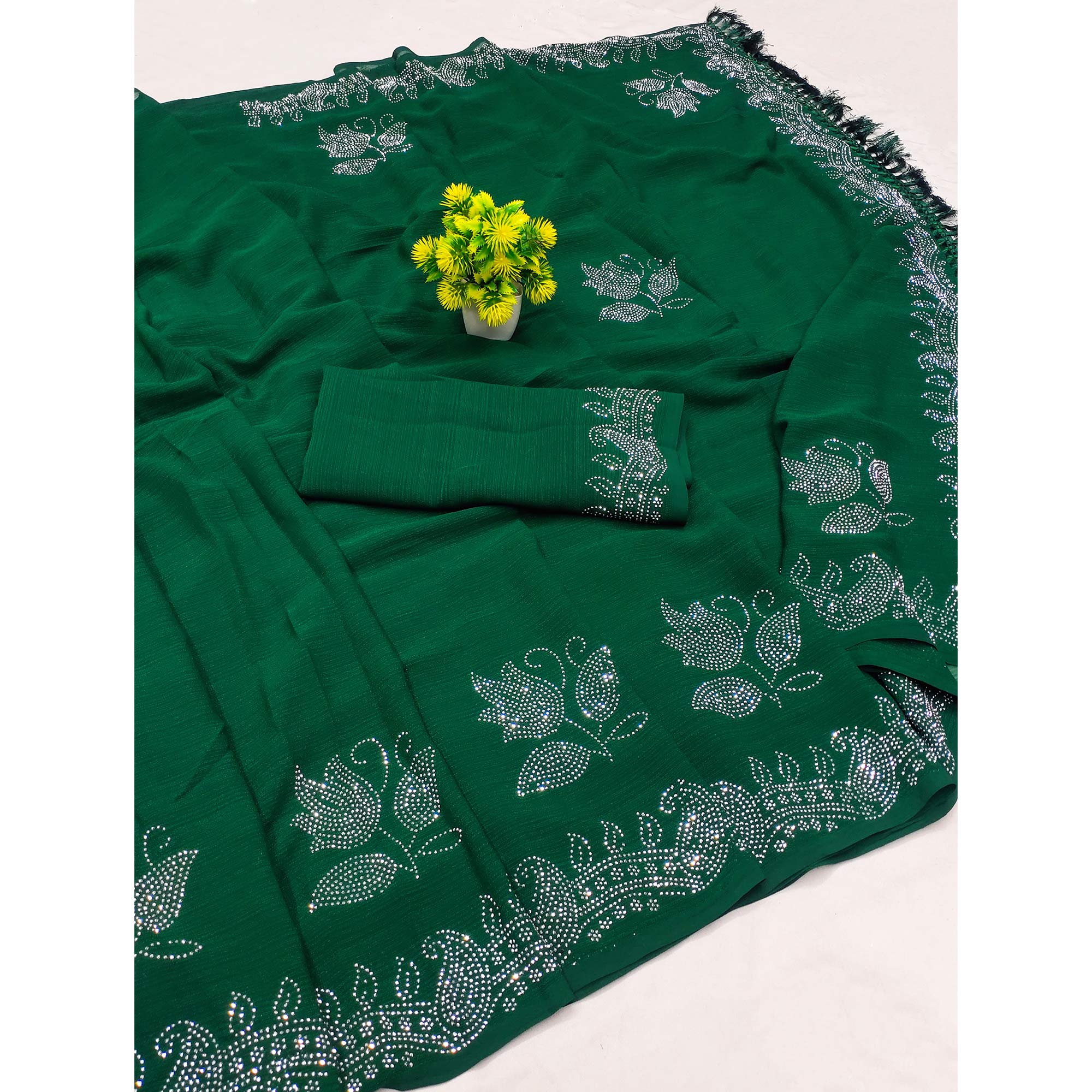 Green Floral Swarovski Work Georgette Saree With Tassels