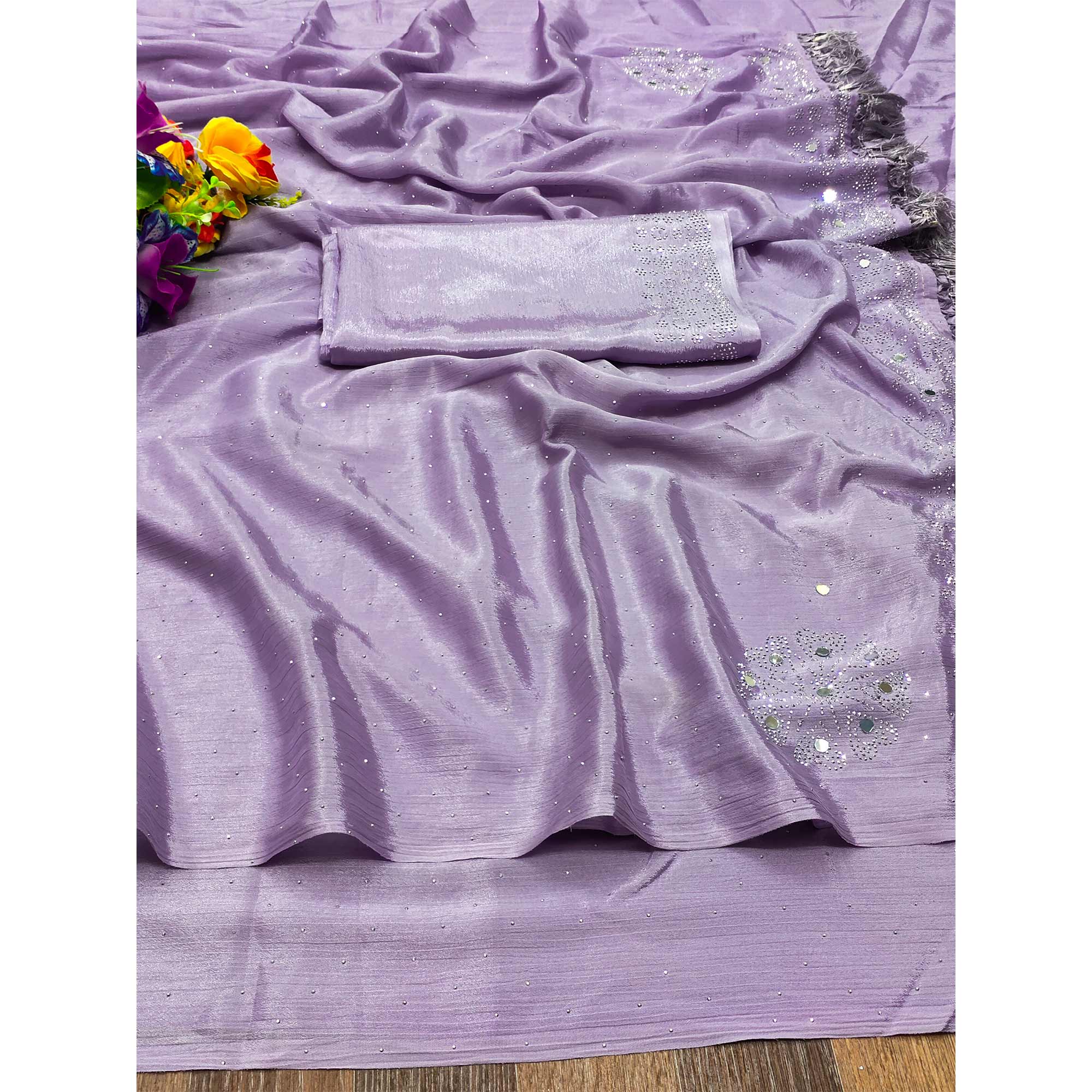 Purple Mirror With Swarovski Work Chinon Saree With Tassels