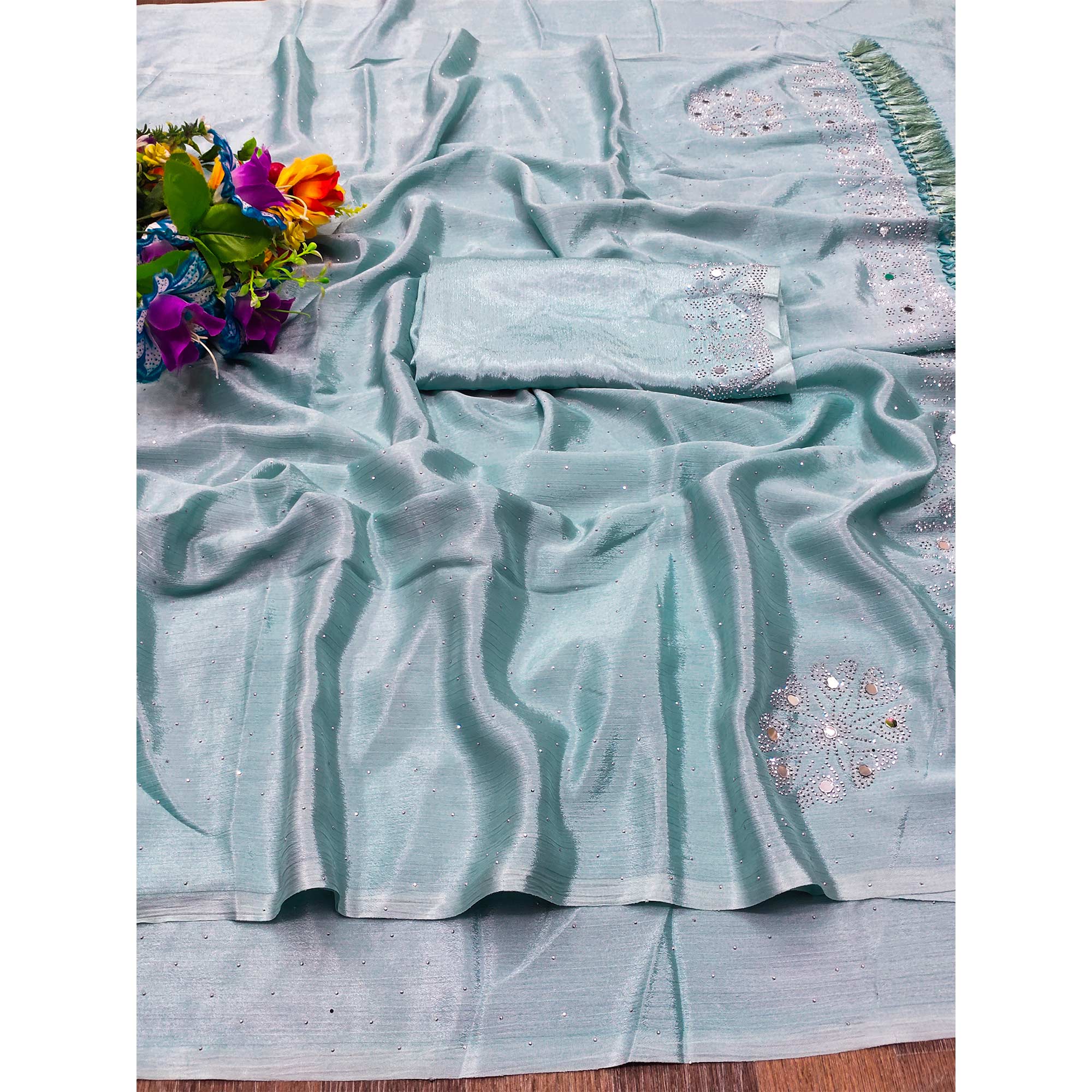 Blue Mirror With Swarovski Work Chinon Saree With Tassels