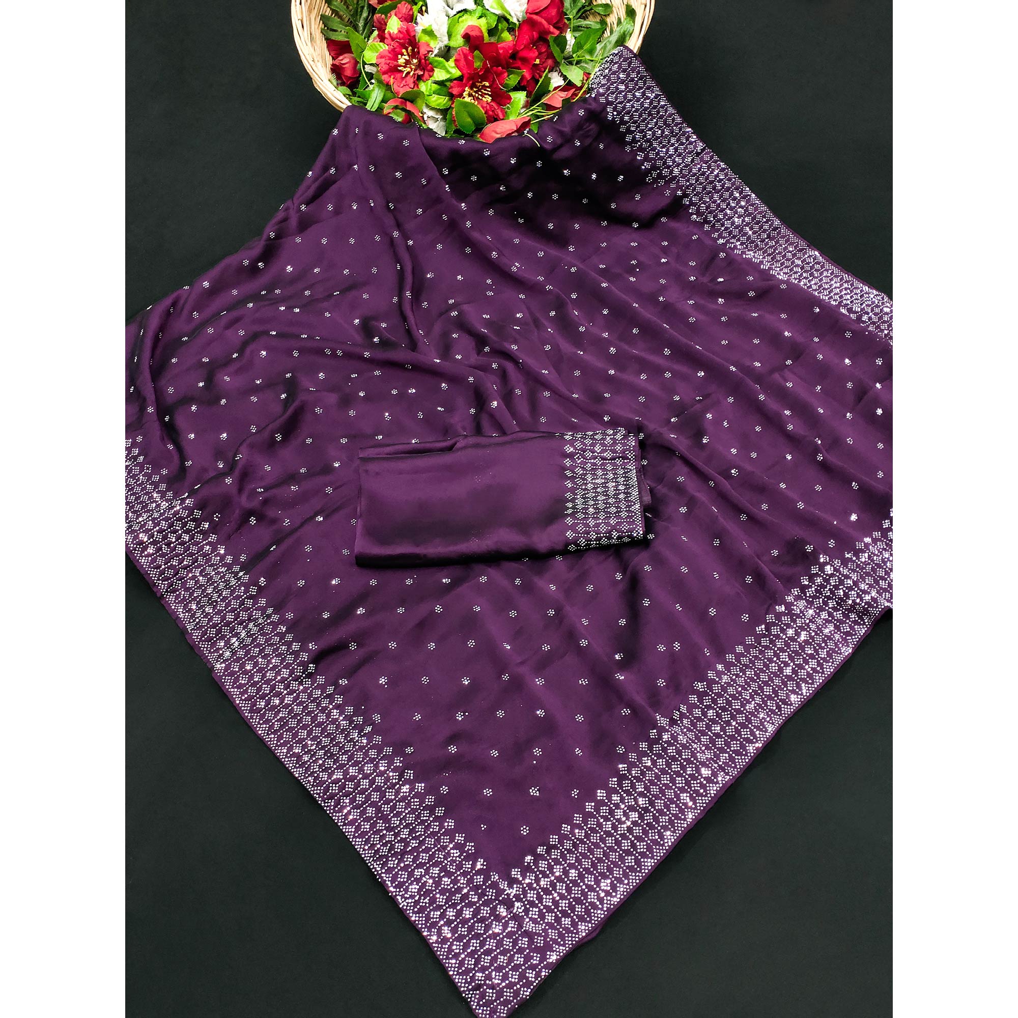 Purple Floral Swarovski Work Georgette Saree