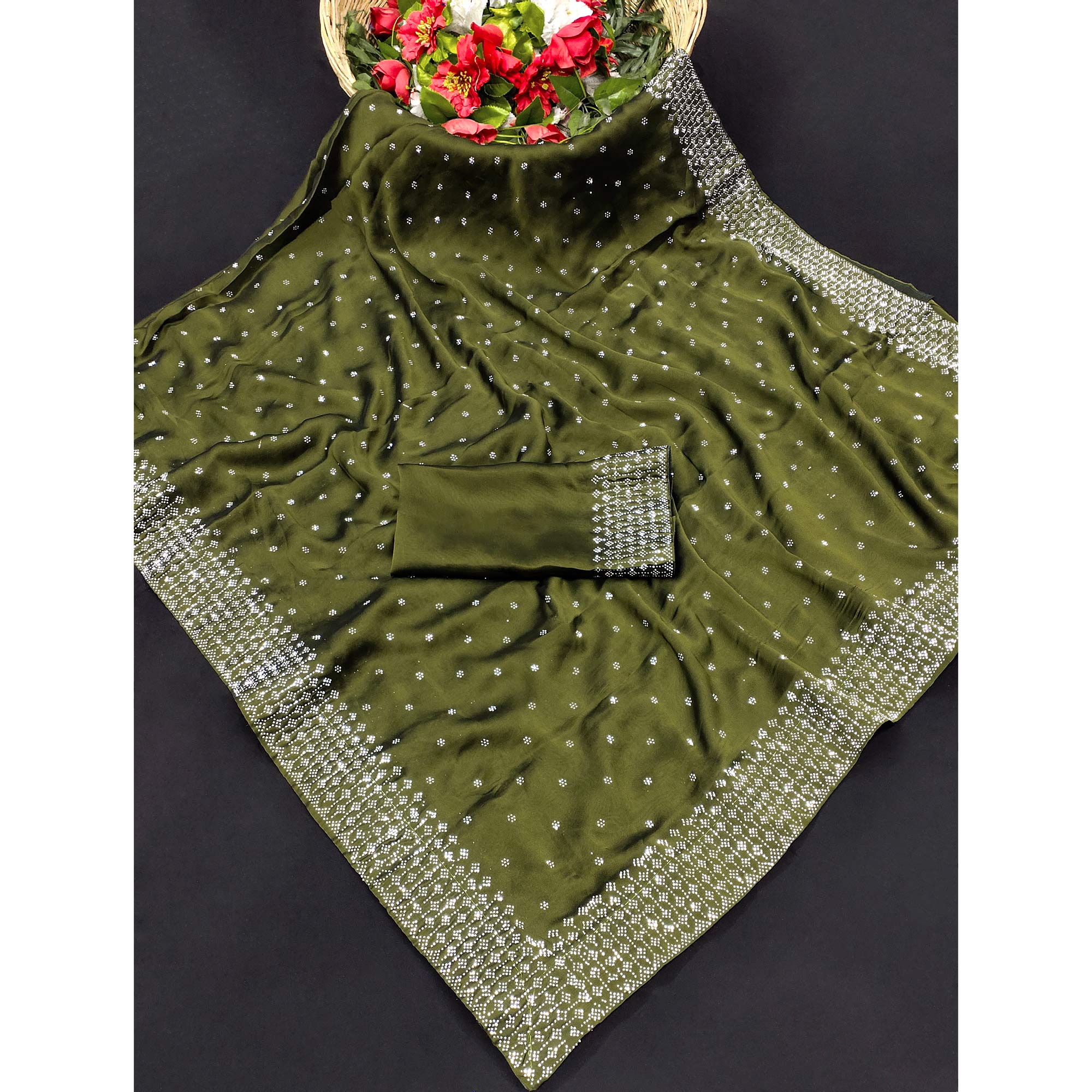 Olive Green Floral Swarovski Work Georgette Saree