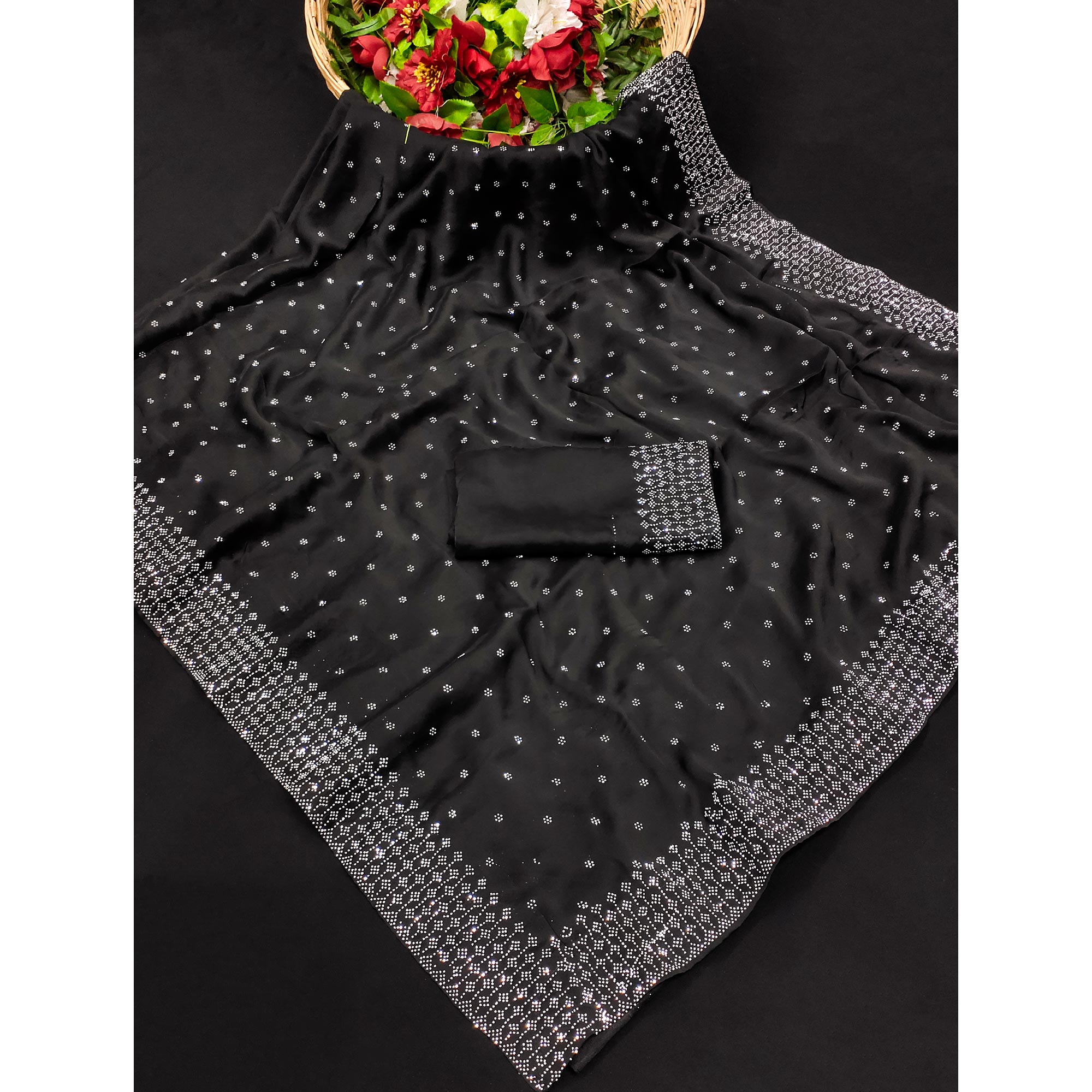 Black Floral Swarovski Work Georgette Saree