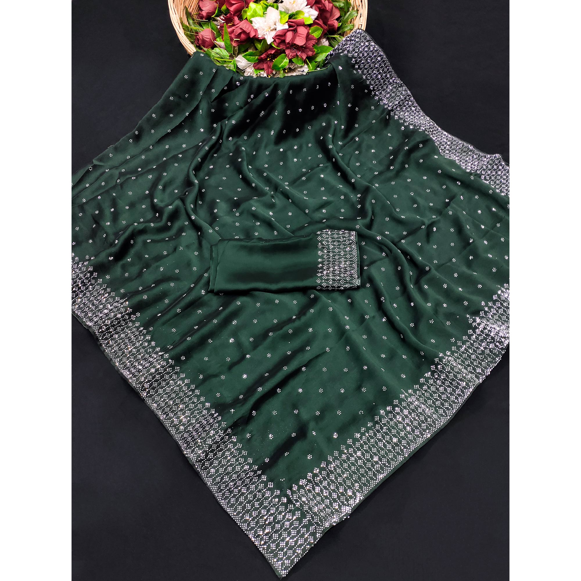 Green Floral Swarovski Work Georgette Saree