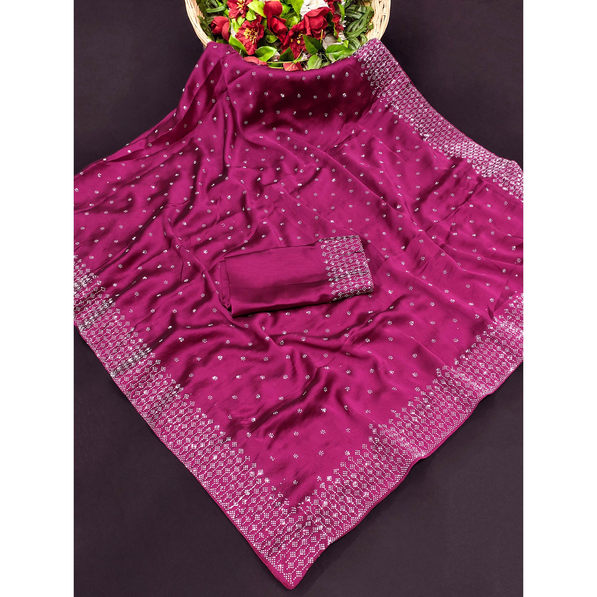 Pink Floral Swarovski Work Georgette Saree