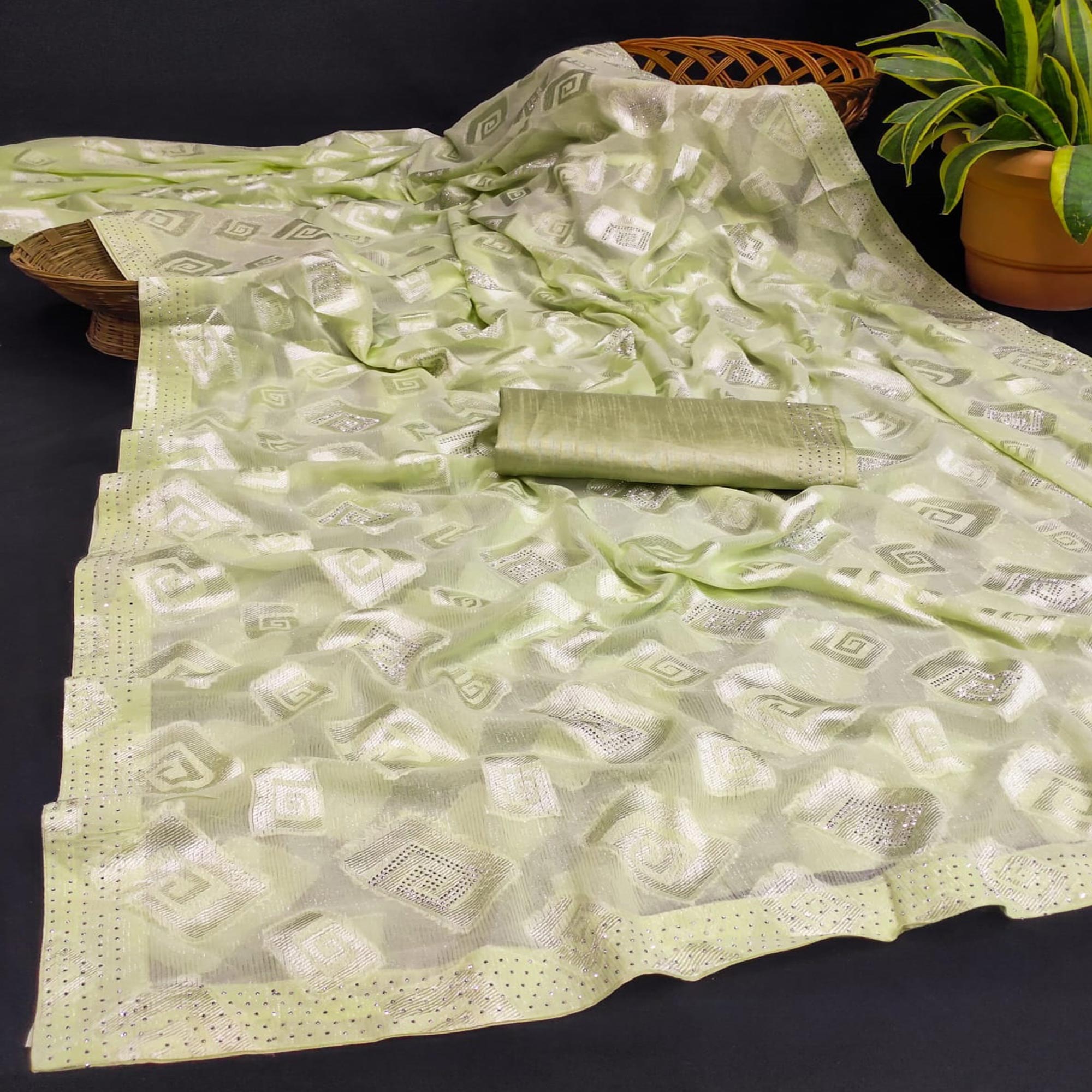Pista Green Floral Swarovski With Woven Jacquard Saree