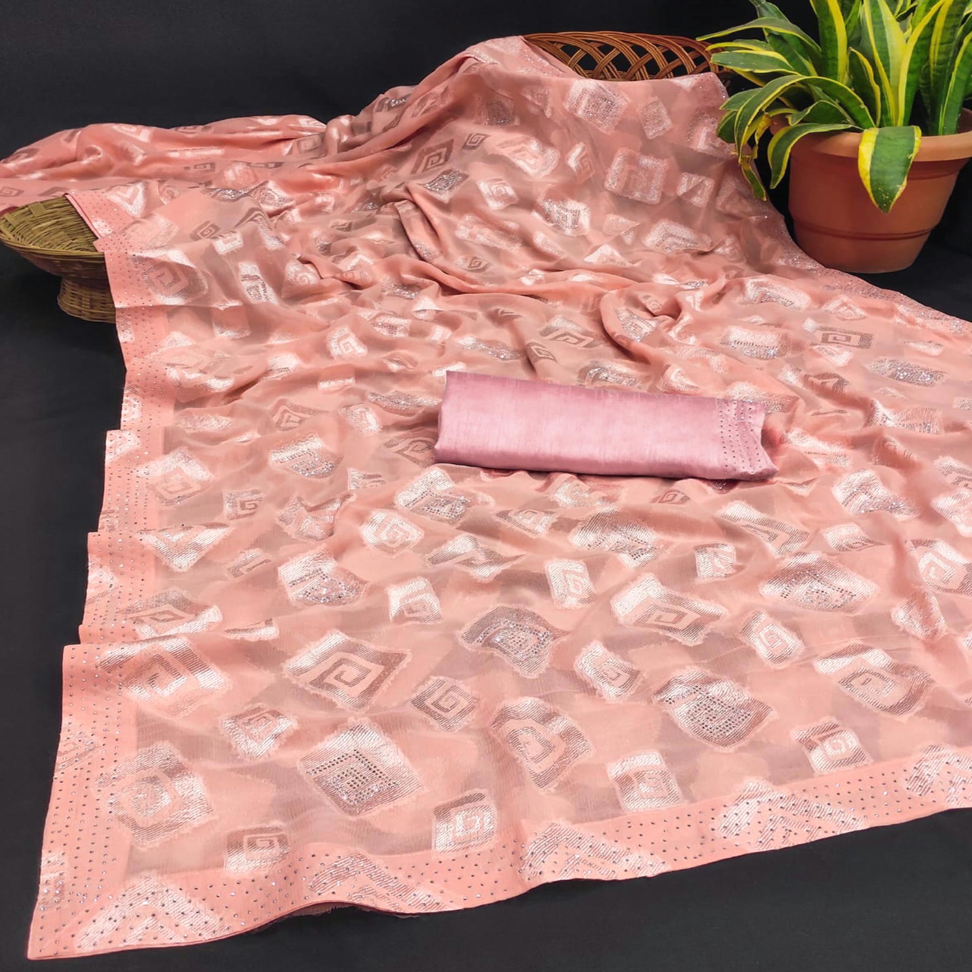 Peach Floral Swarovski With Woven Jacquard Saree
