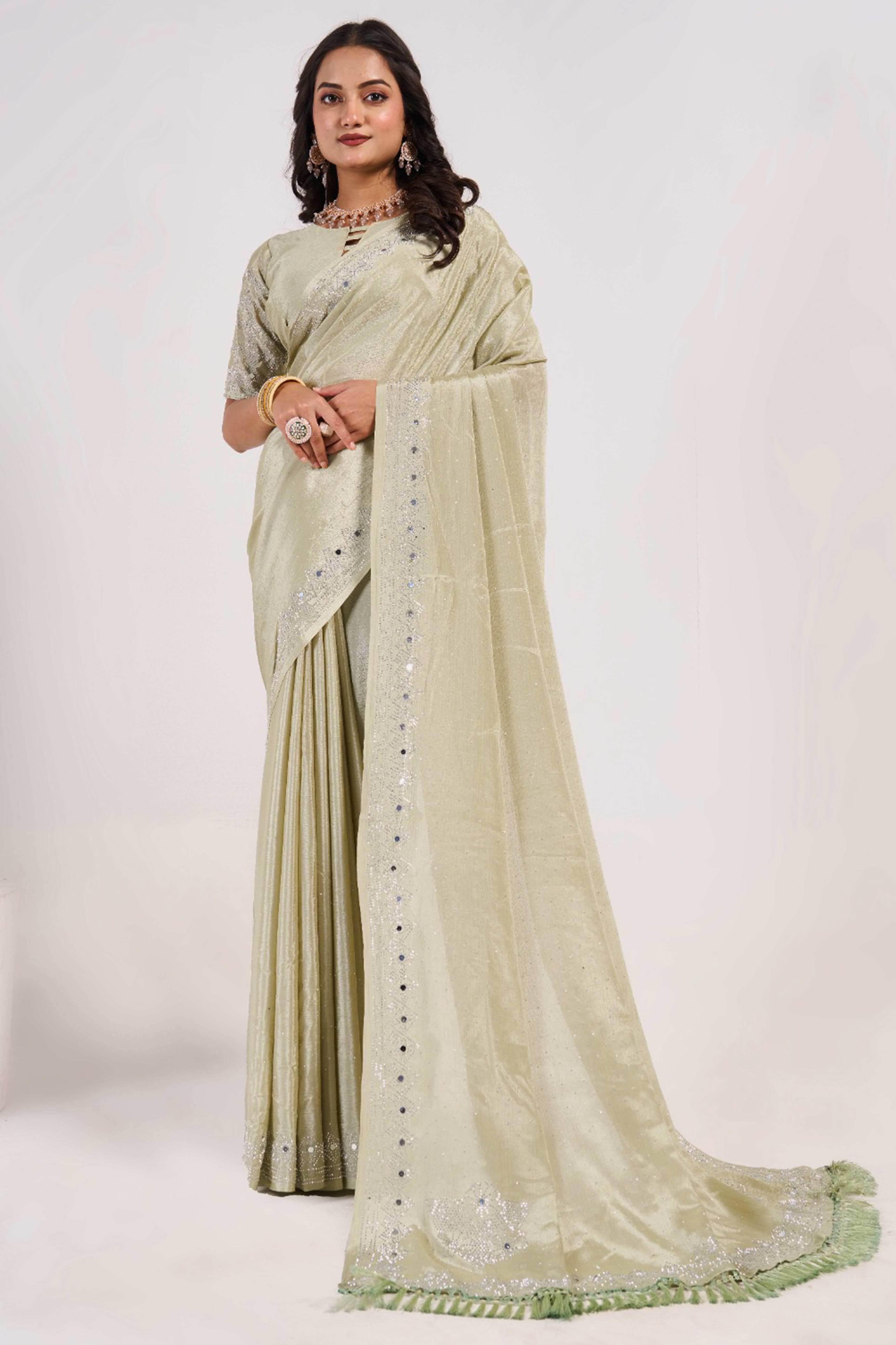 Pista Green Swarovski With Mirror Work Chinon Saree