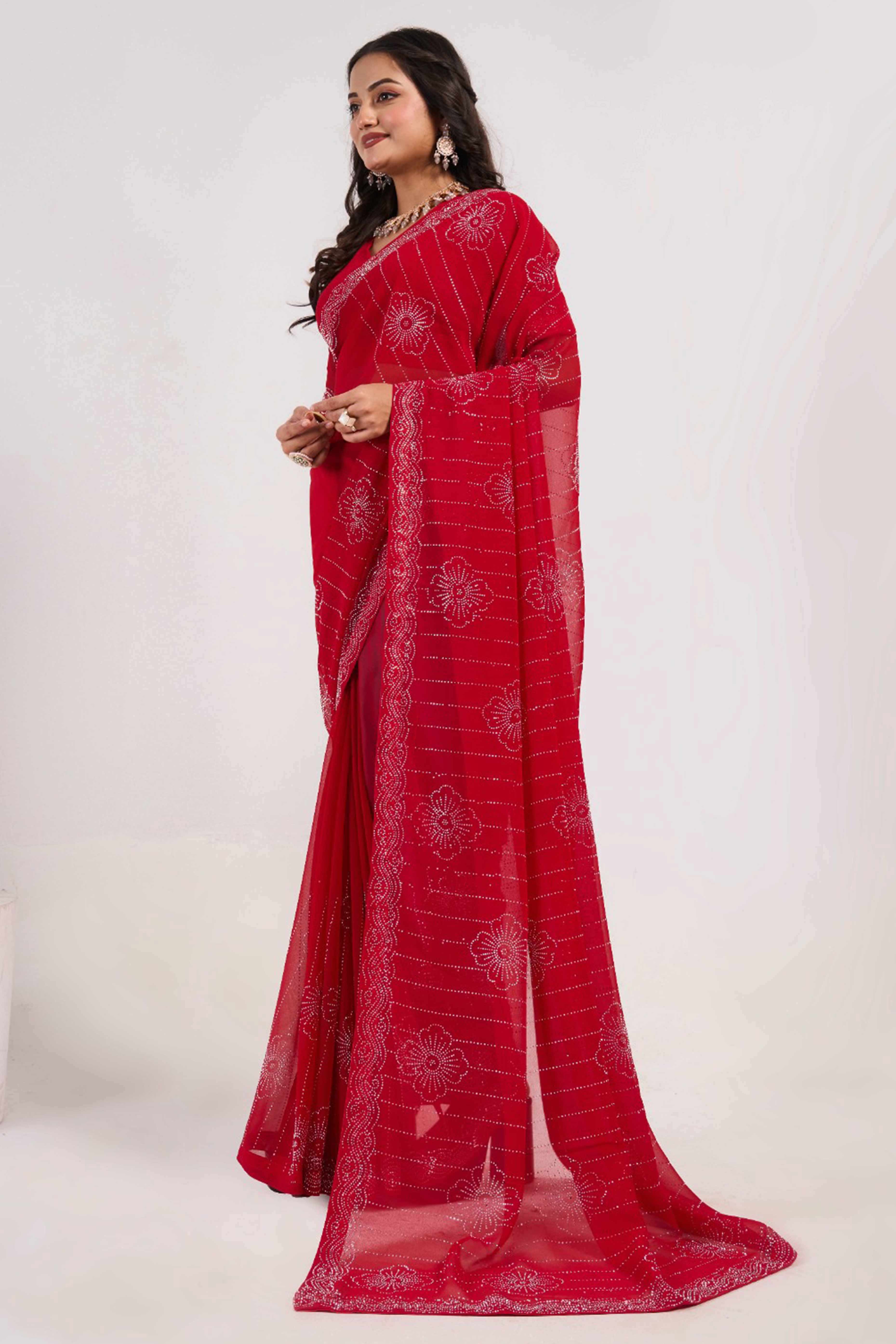 Cherry Red Swarovski Work Georgette Saree