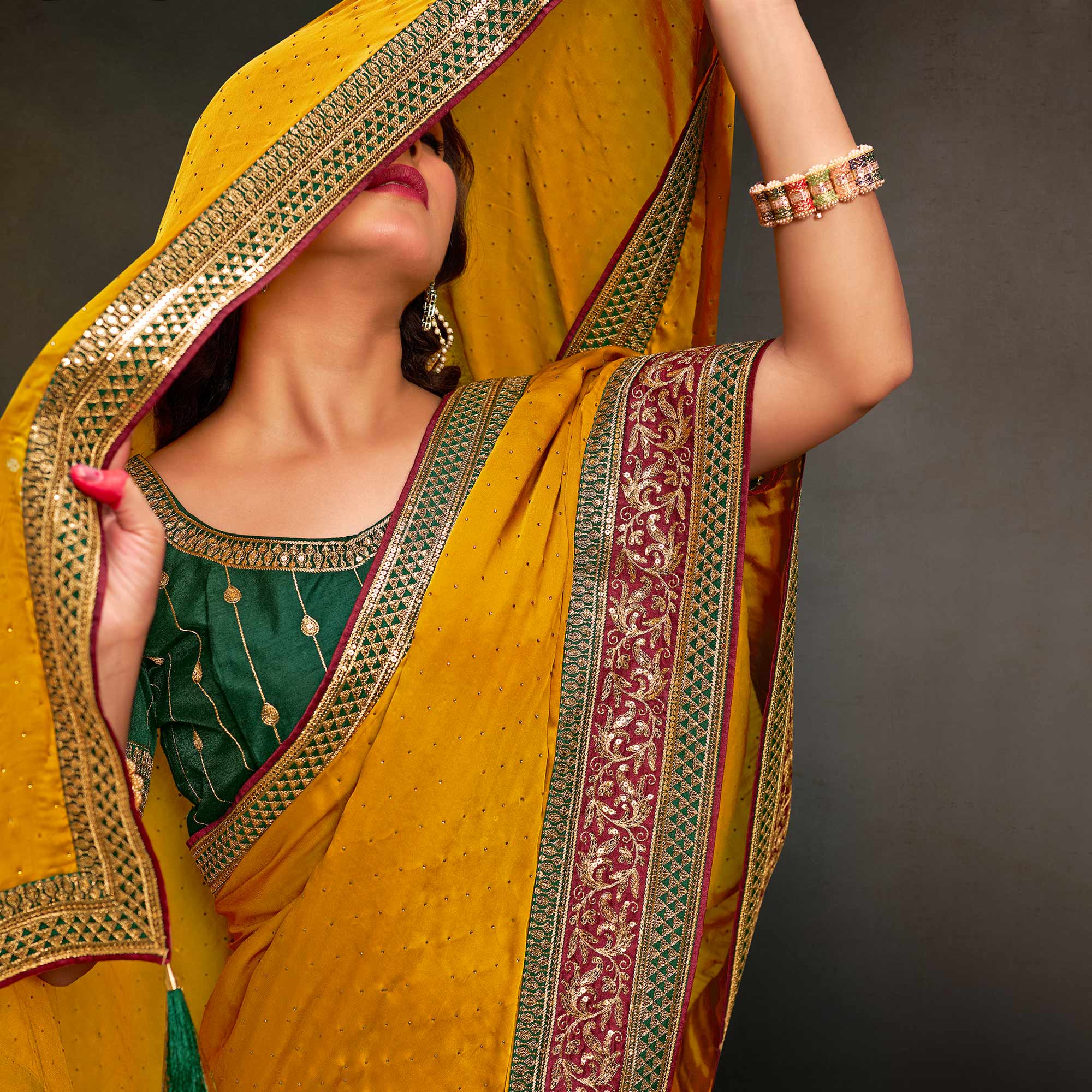 Mustard Swarovski Work Satin Saree With Tassels