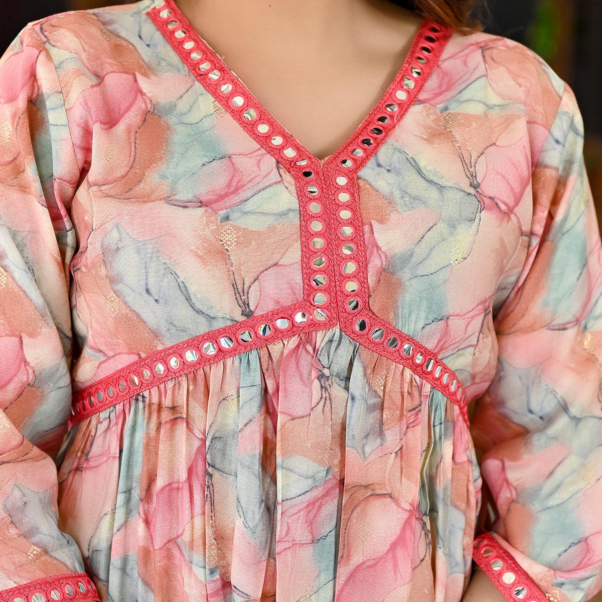 Pink Printed Chanderi Alia Cut Kurti