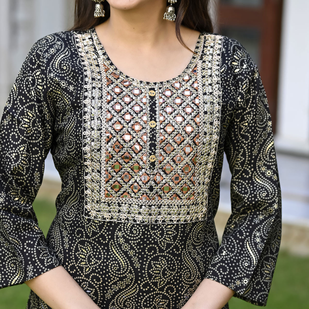 Black Floral Foil Printed Rayon Kurti