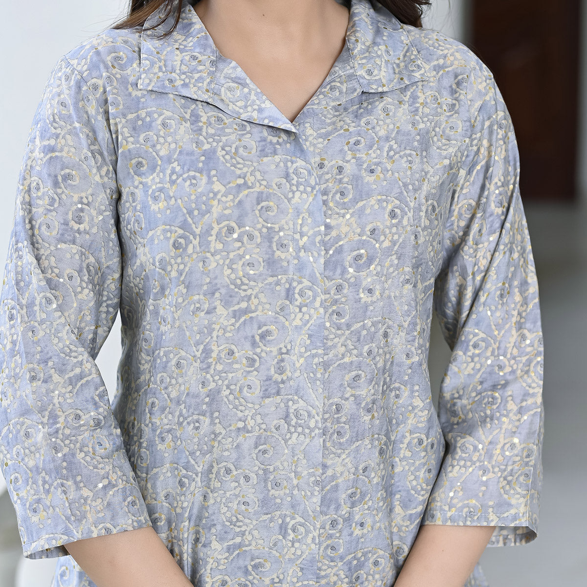 Grey Floral Printed Chanderi Co Ord Set