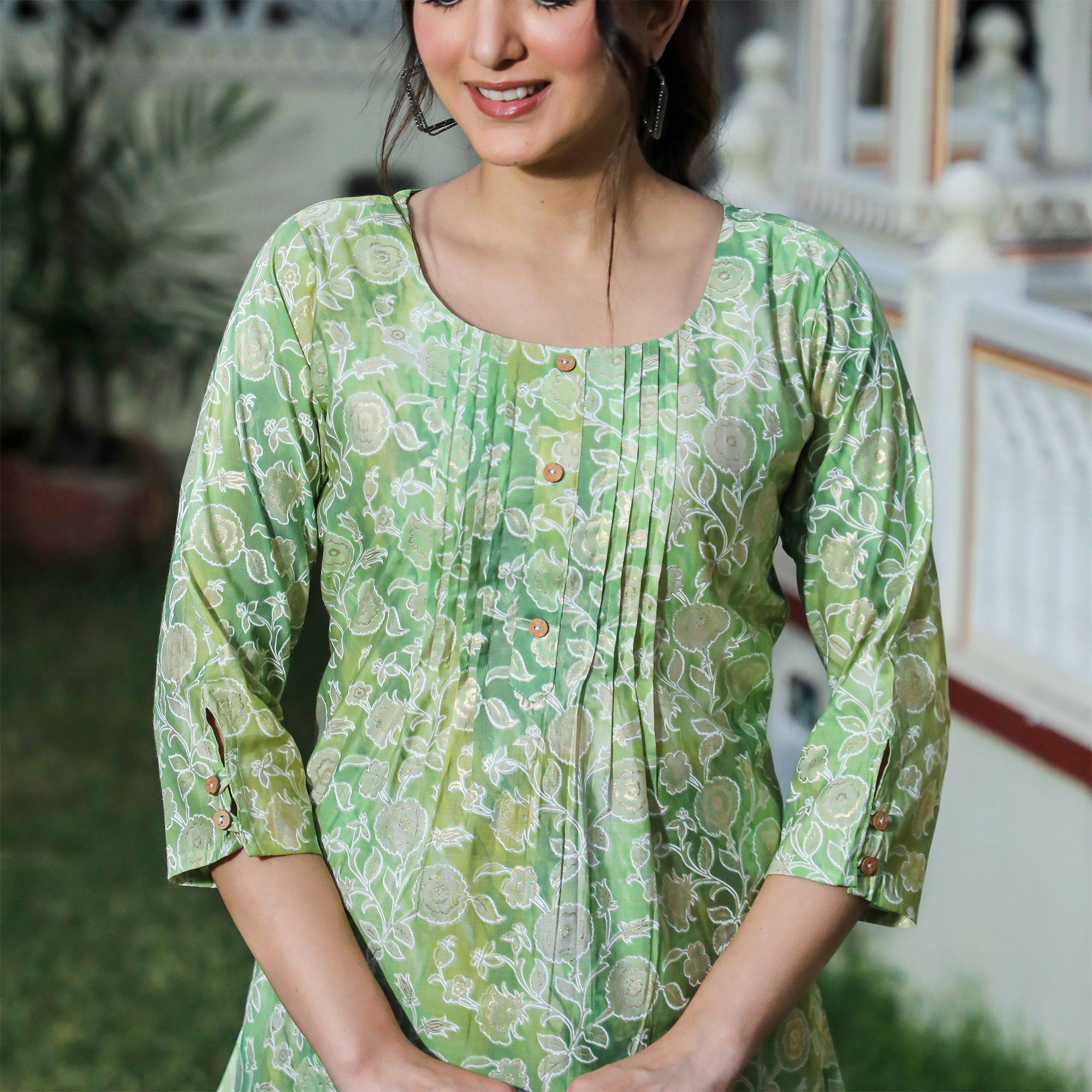 Green Floral Foil Printed Modal Top