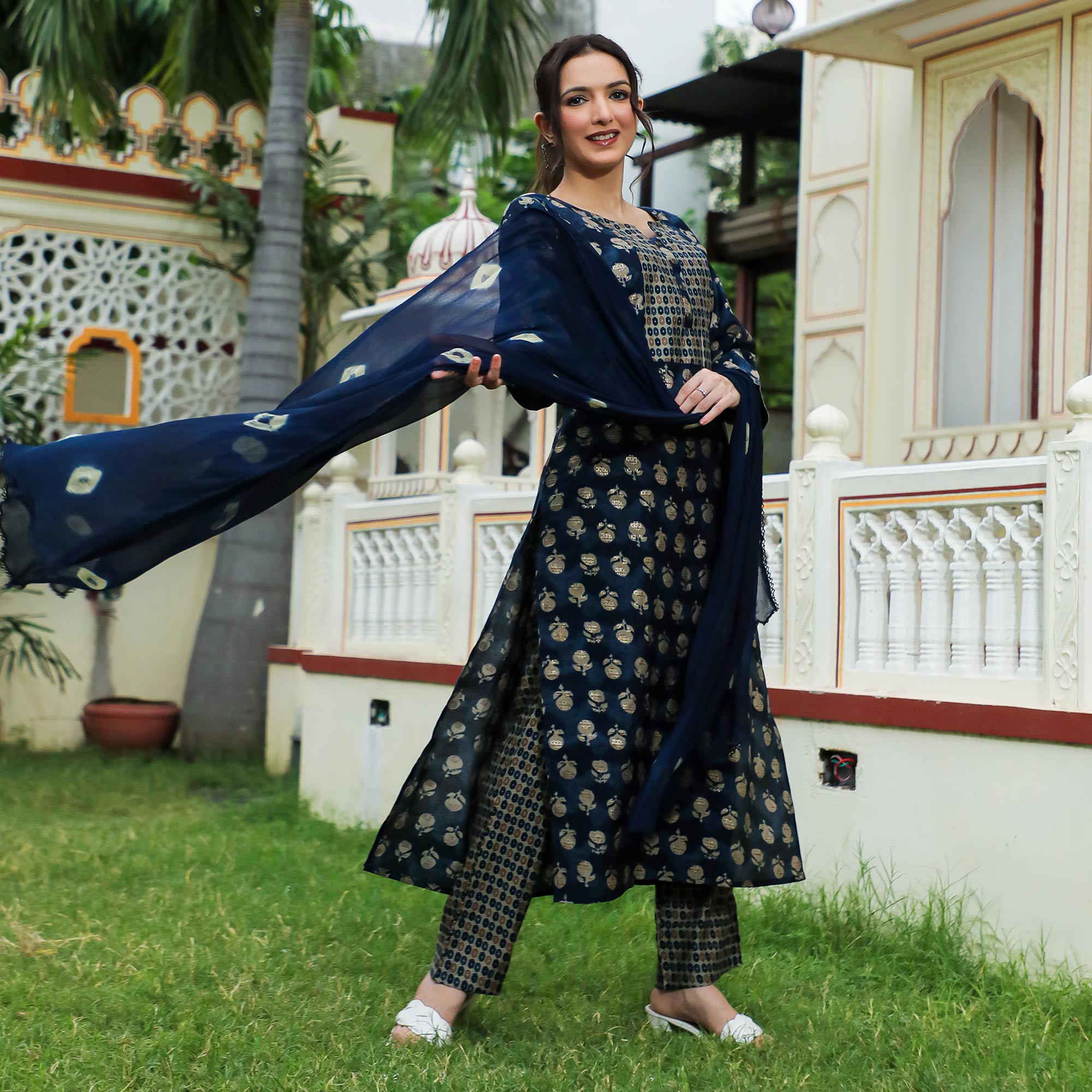 Blue Floral Foil Printed Modal Suit