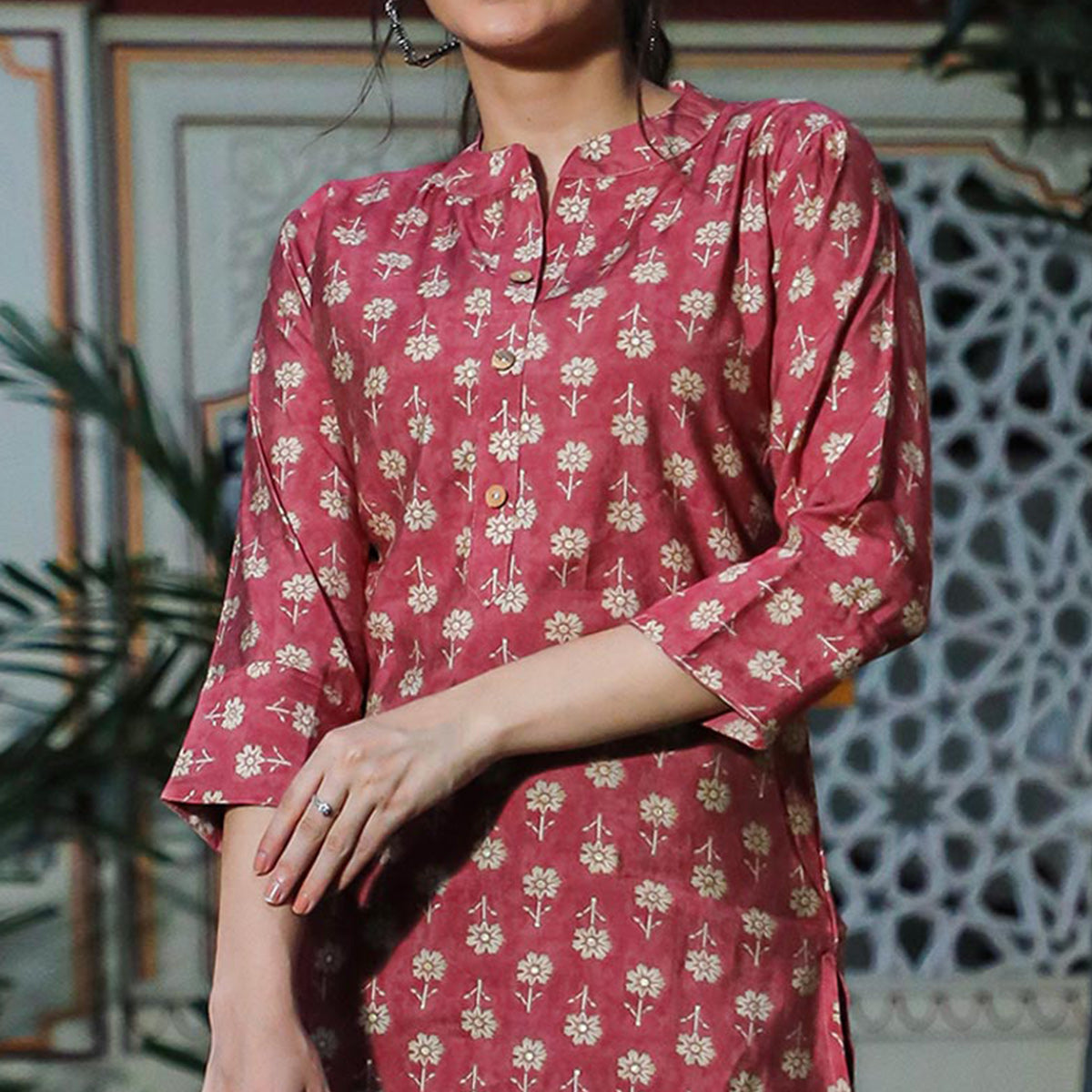 Pink Floral Foil Printed Chanderi Top