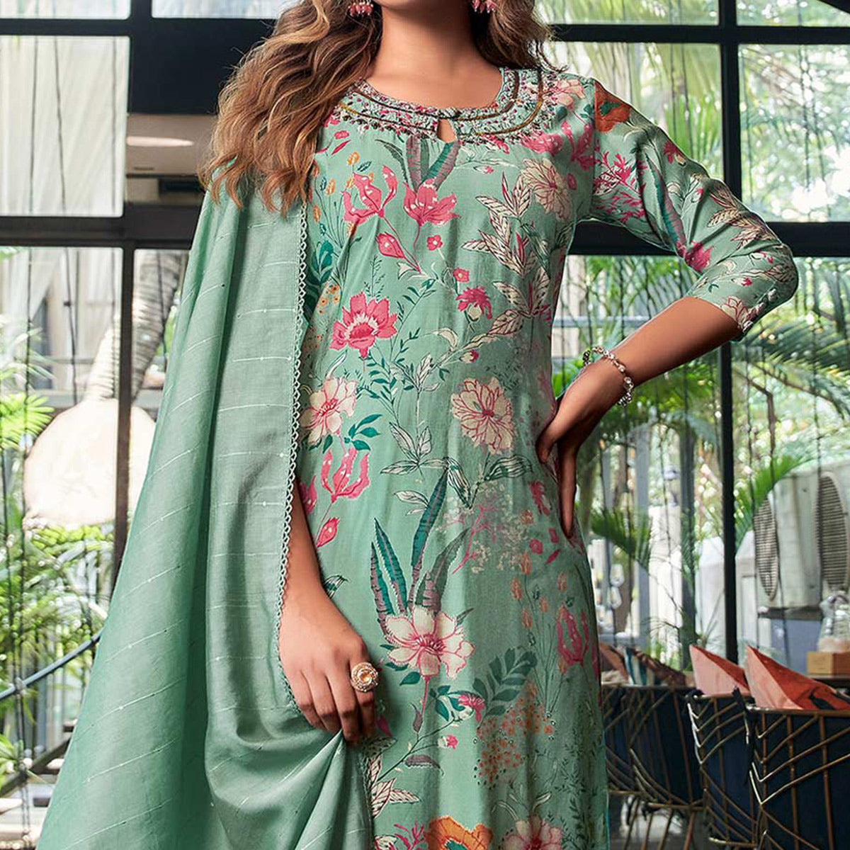 Turquoise Straight Chanderi Silk Suit With Handcrafted & Foil Print