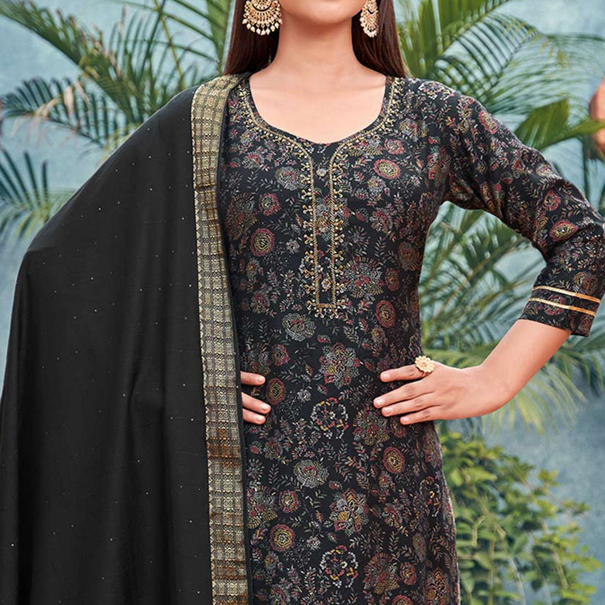 Black Straight Chanderi Silk Suit With Handcrafted & Foil Print