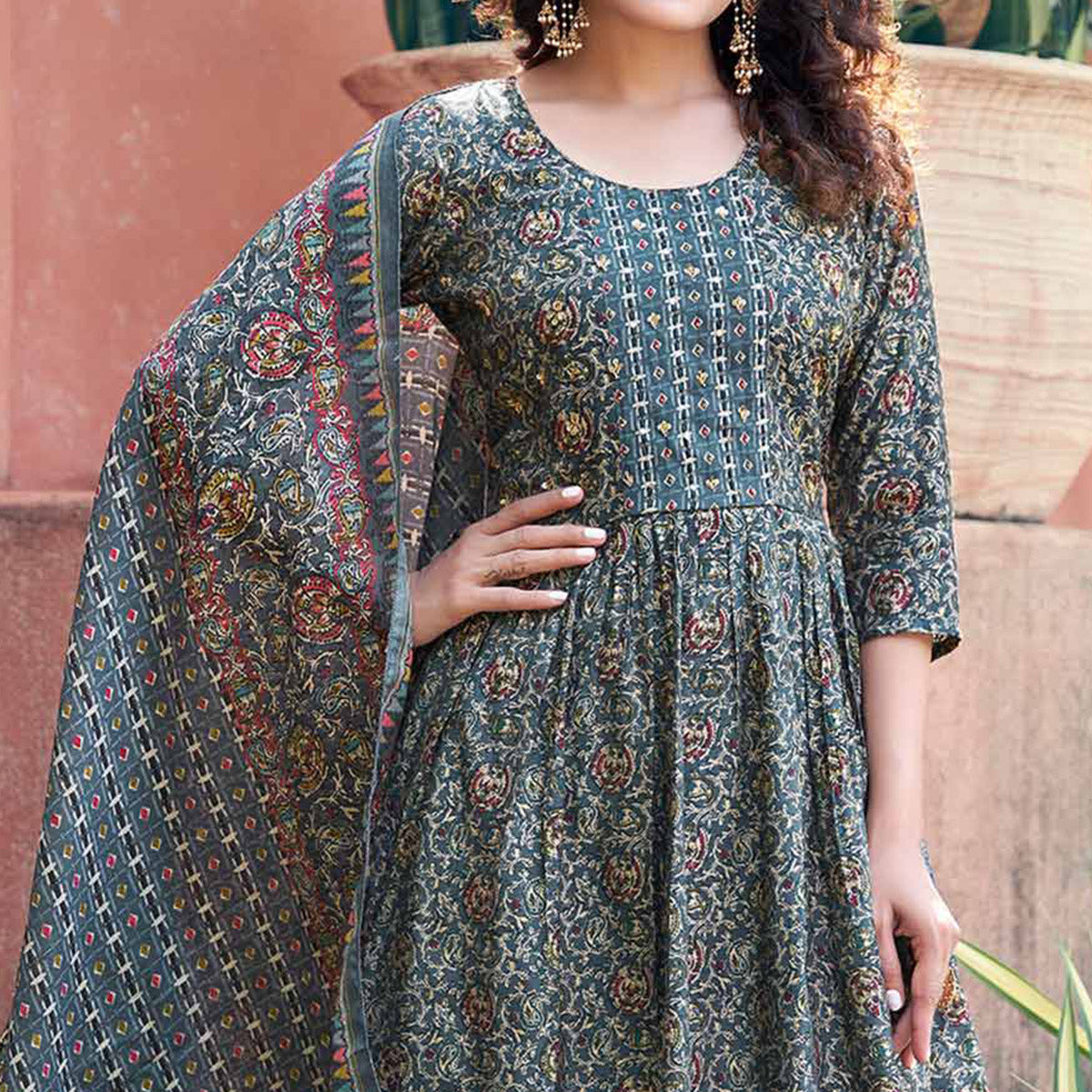 Grey Naira Cut Chanderi Silk Suit With Handcrafted