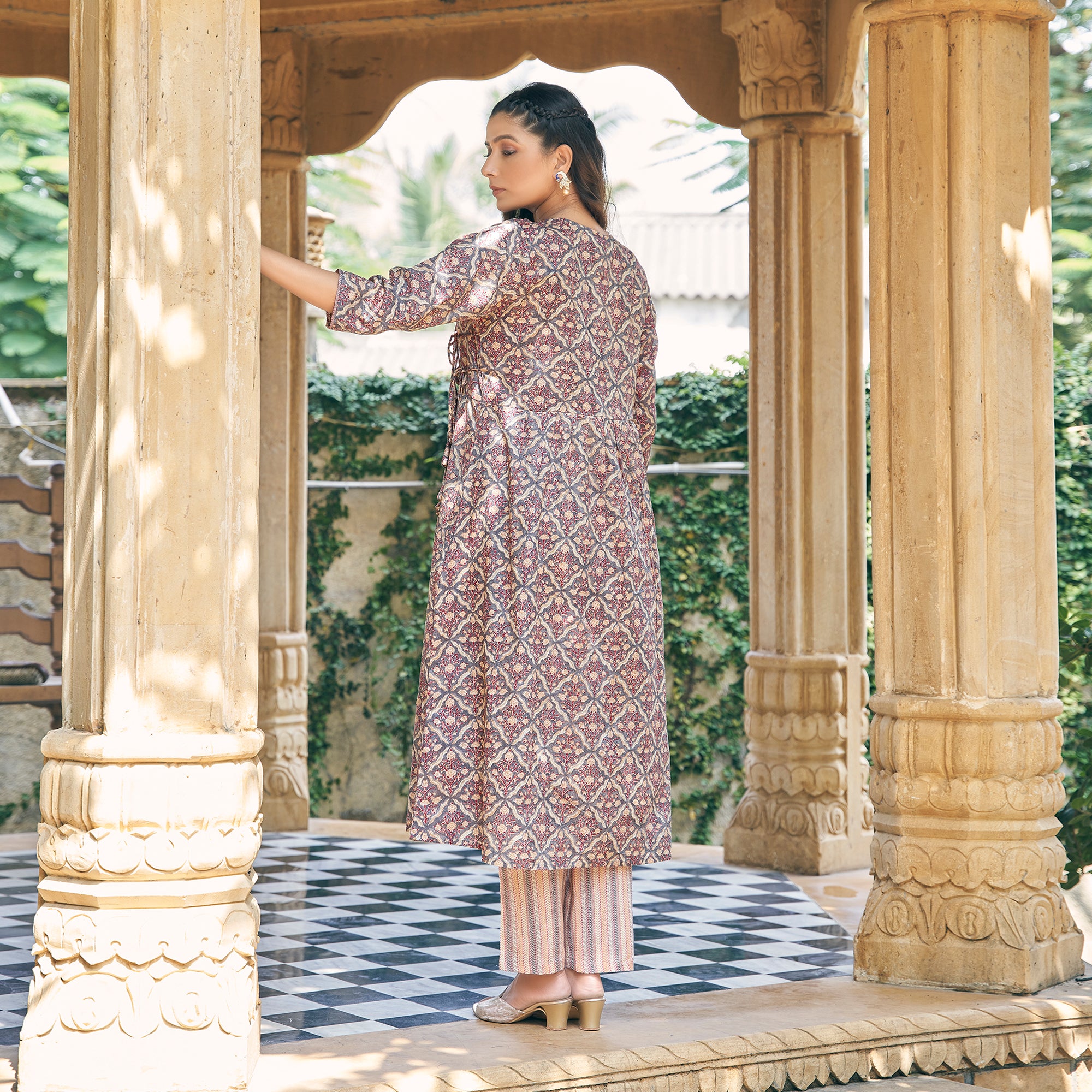 Grey Angrakha Pure Cotton Suit with Foil Print & Zardozi Handcrafted Neckline