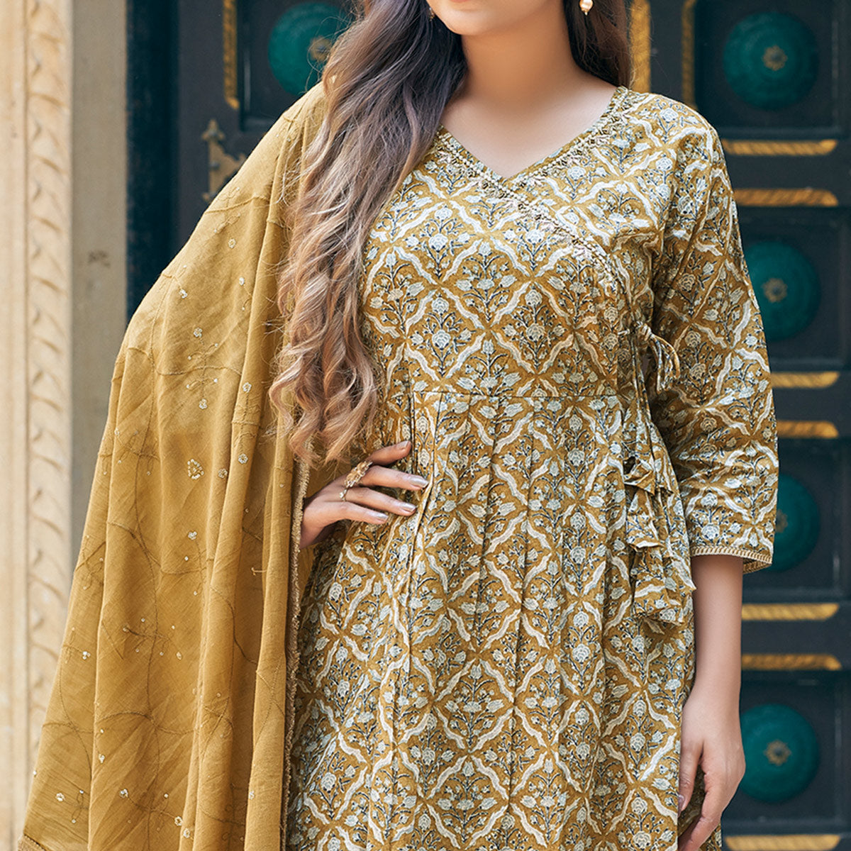 Mustard Angrakha Pure Cotton Suit with Foil Print & Zardozi Handcrafted Neckline