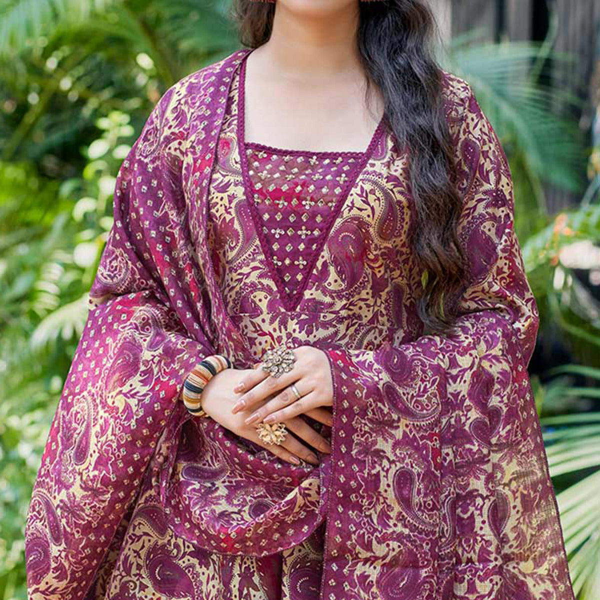 Wine Anarkali Chanderi Silk Suit With Hancrafted & Foil Print