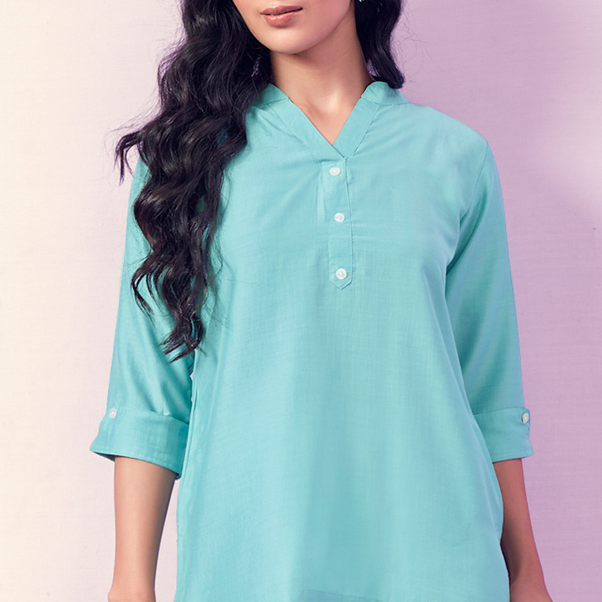 Blue Solid Cotton Blend Top