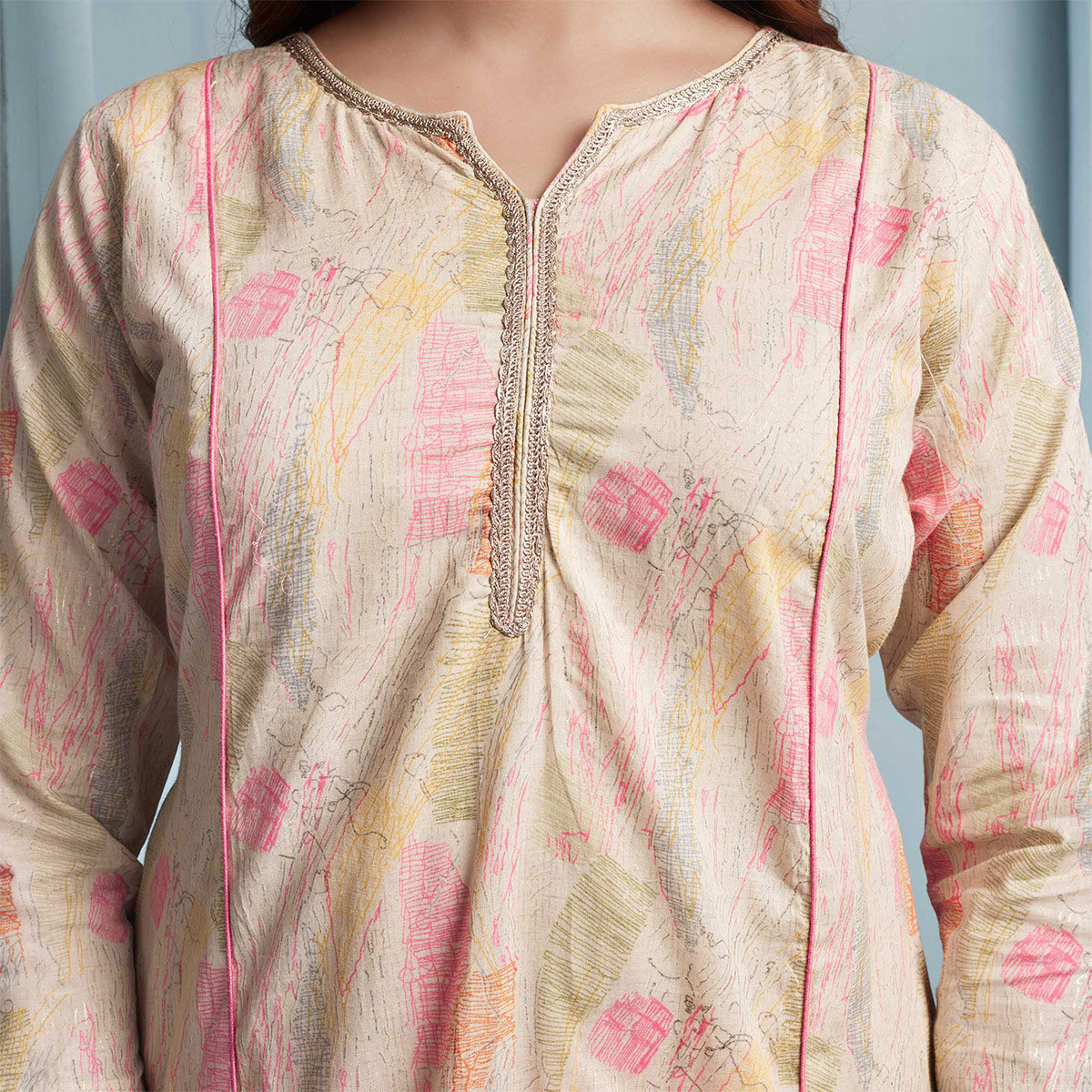 Off White Foil Printed Pure Cotton A-line Salwar Suit