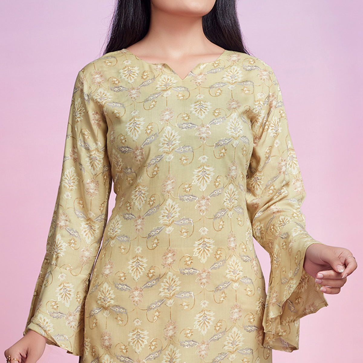 Chikoo Floral Foil Printed Chanderi Silk Top