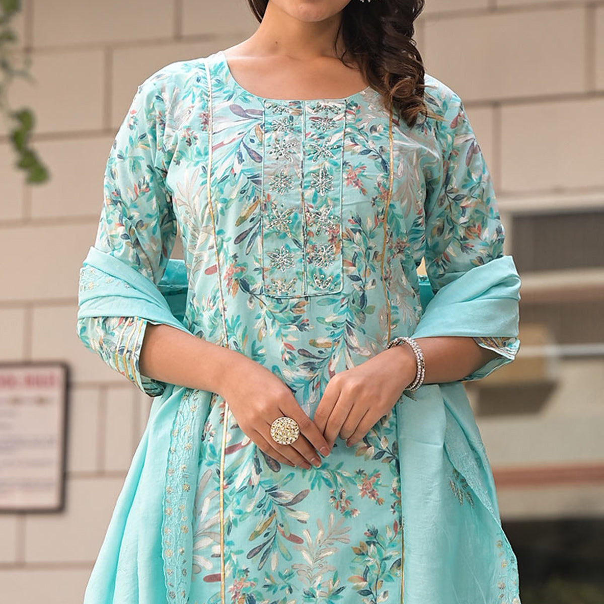 Turquoise Floral Foil Printed Pure Cotton A-Line Salwar Suit
