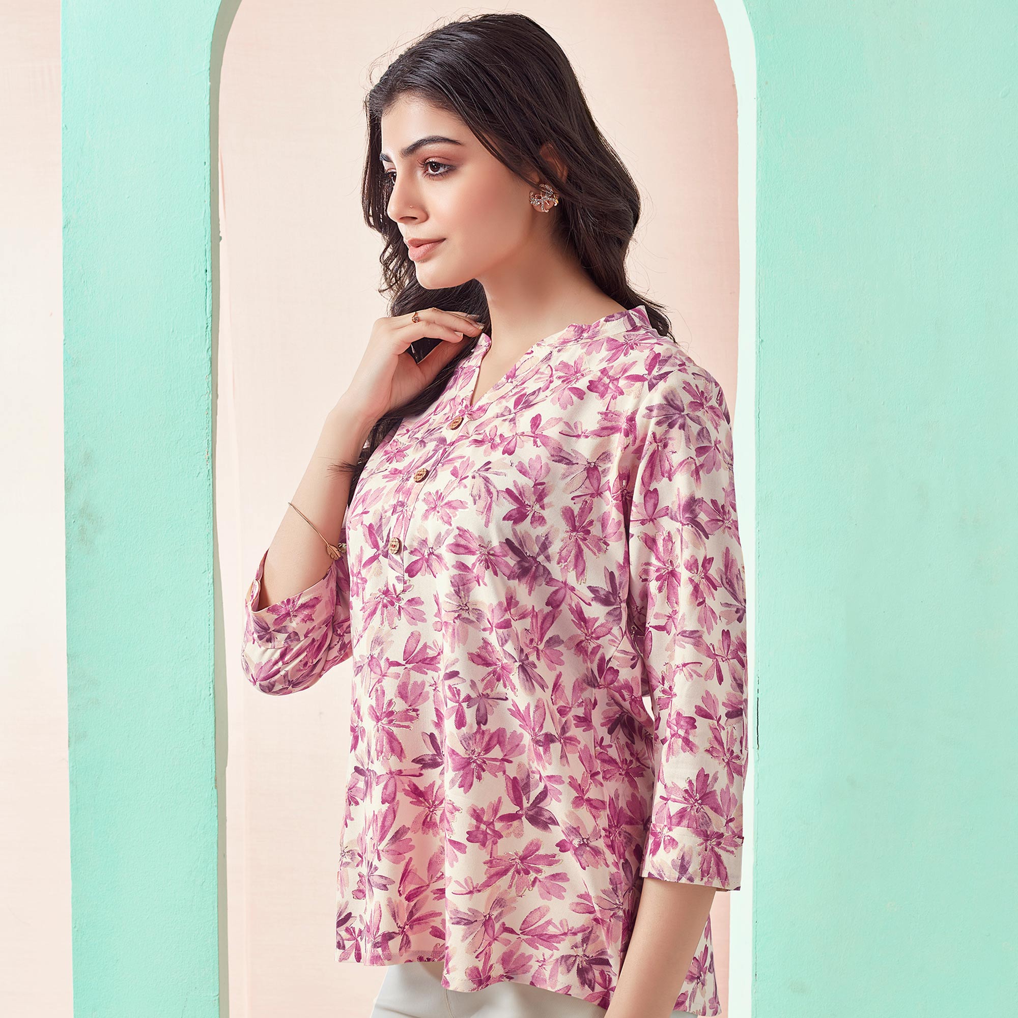 Cream & Pink Floral Foil Printed Rayon Straight Top