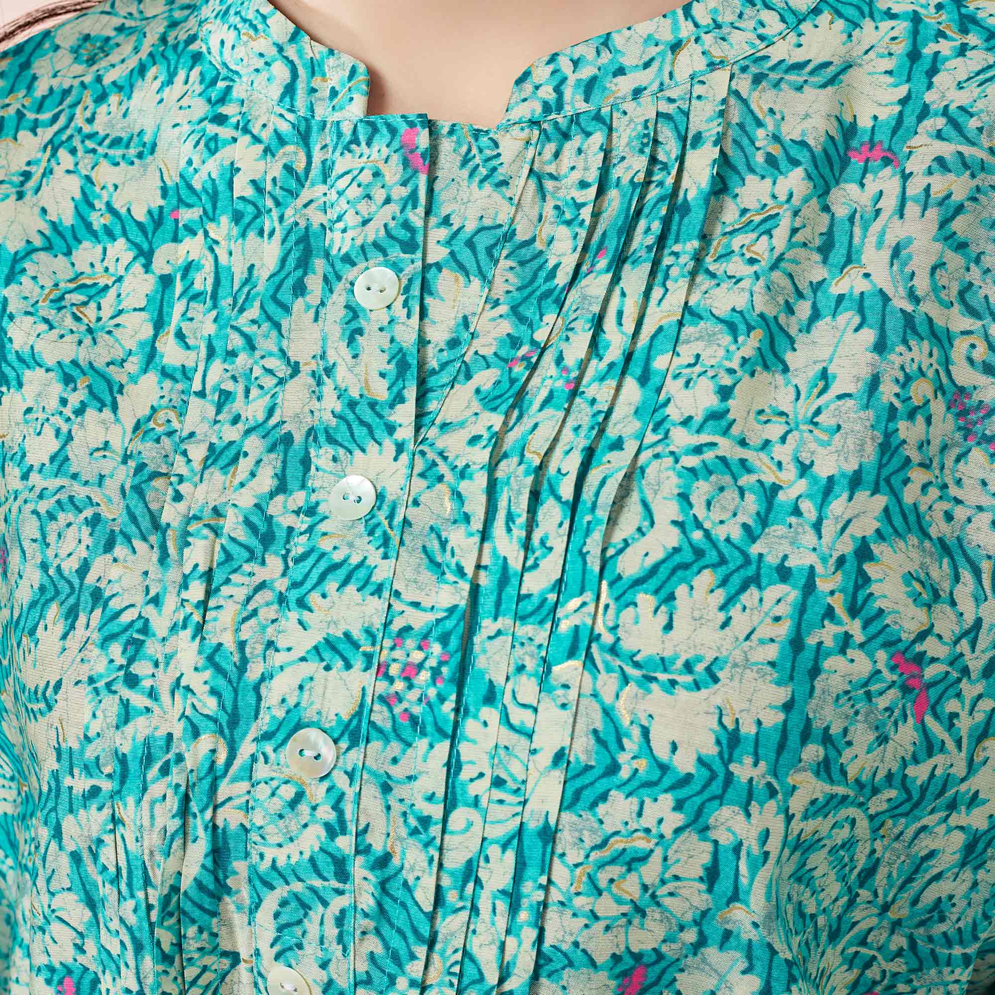 Turquoise Floral Chanderi Silk Straight Top