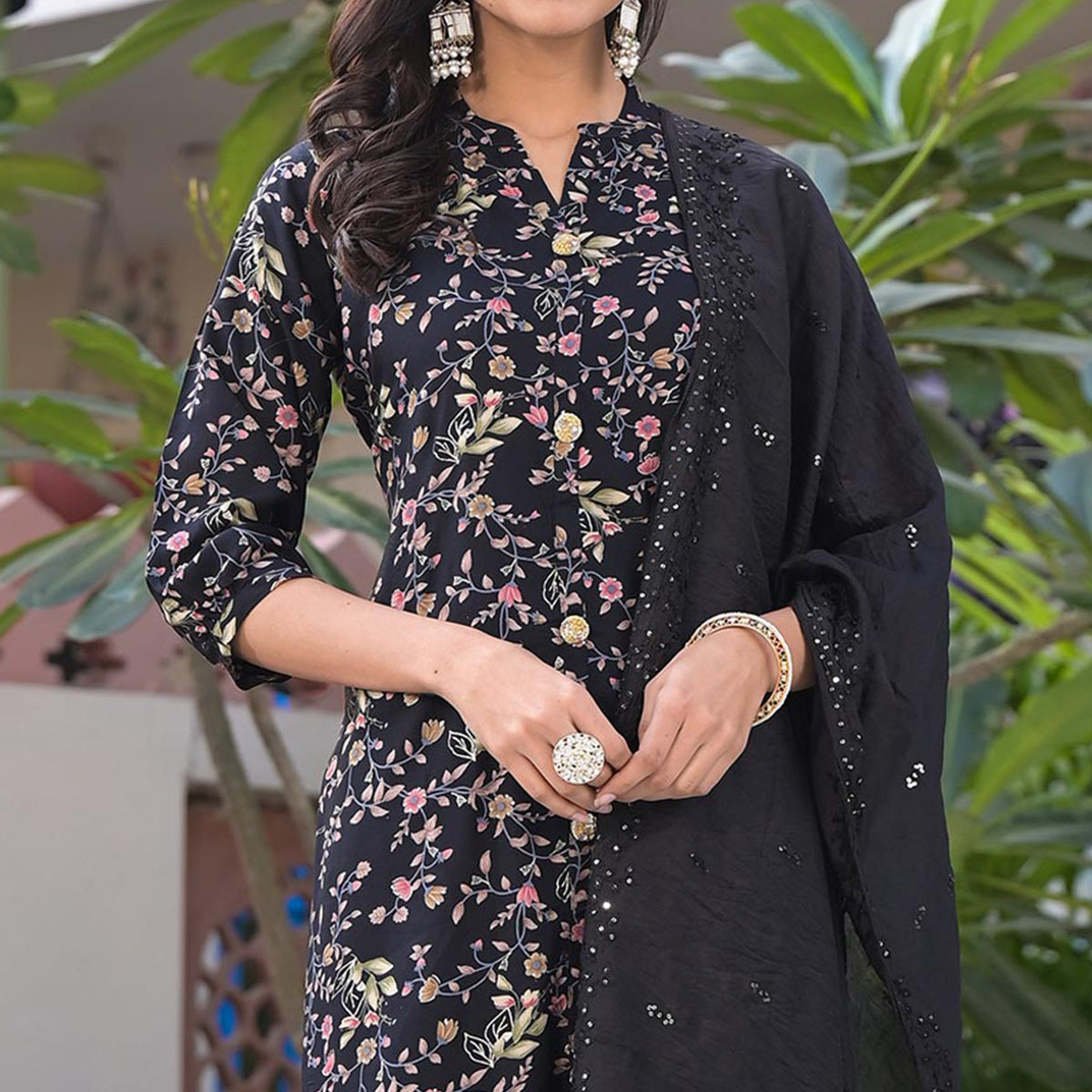 Black Floral Foil Printed Rayon Salwar Suits