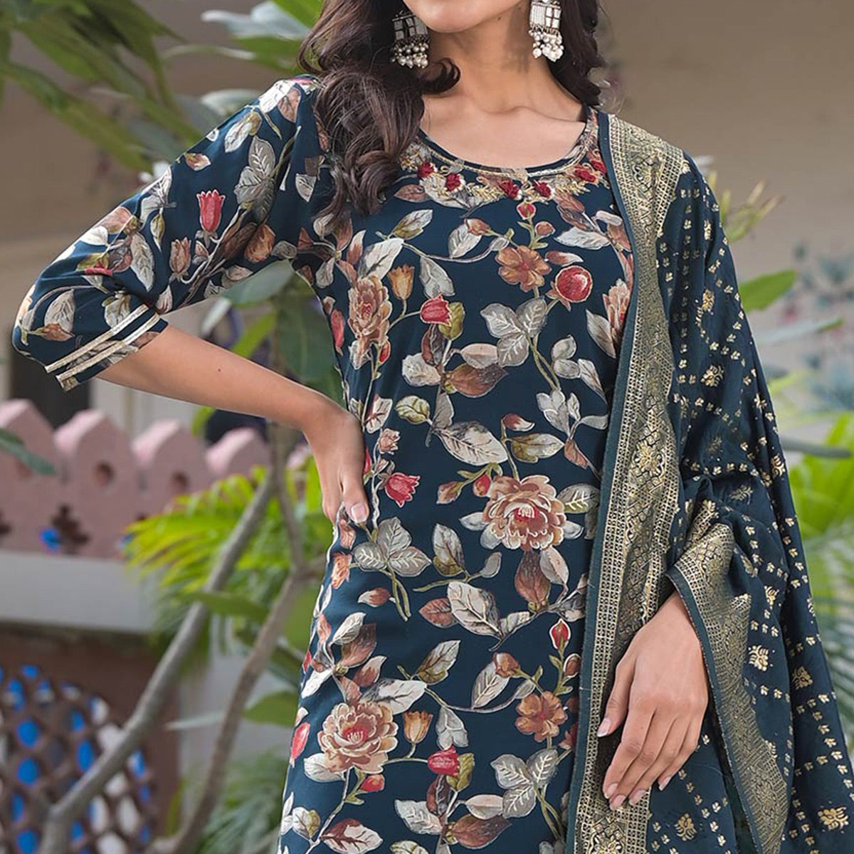 Green Floral Foil Printed Rayon Sharara Suit With Handcrafted