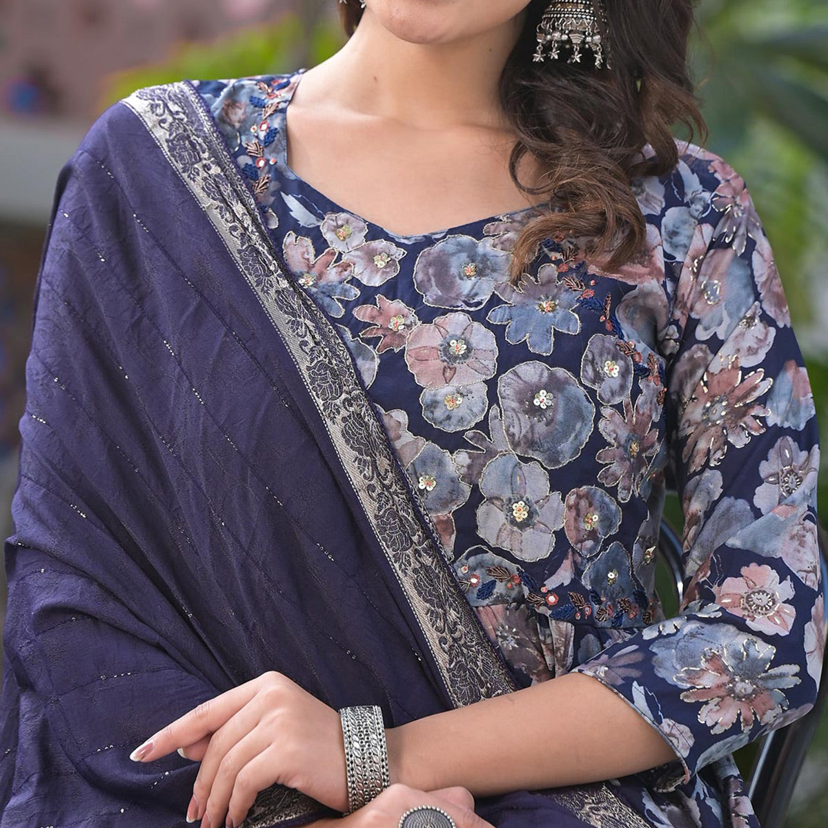 Navy Blue Floral Printed Chanderi Silk Salwar Suit With Handcrafted