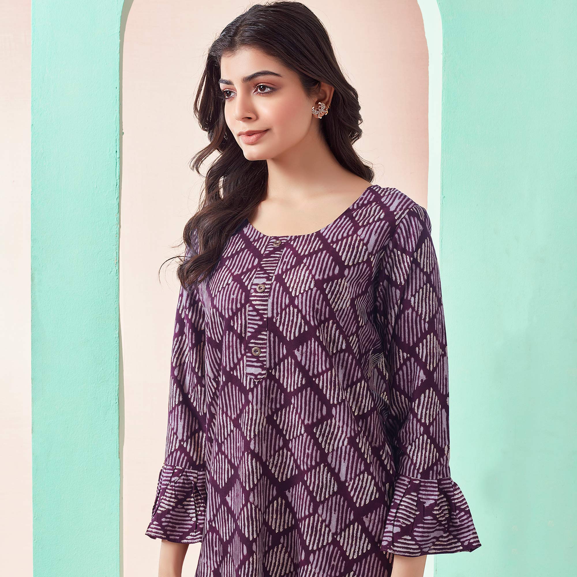 Purple Printed Chanderi Silk Straight Top