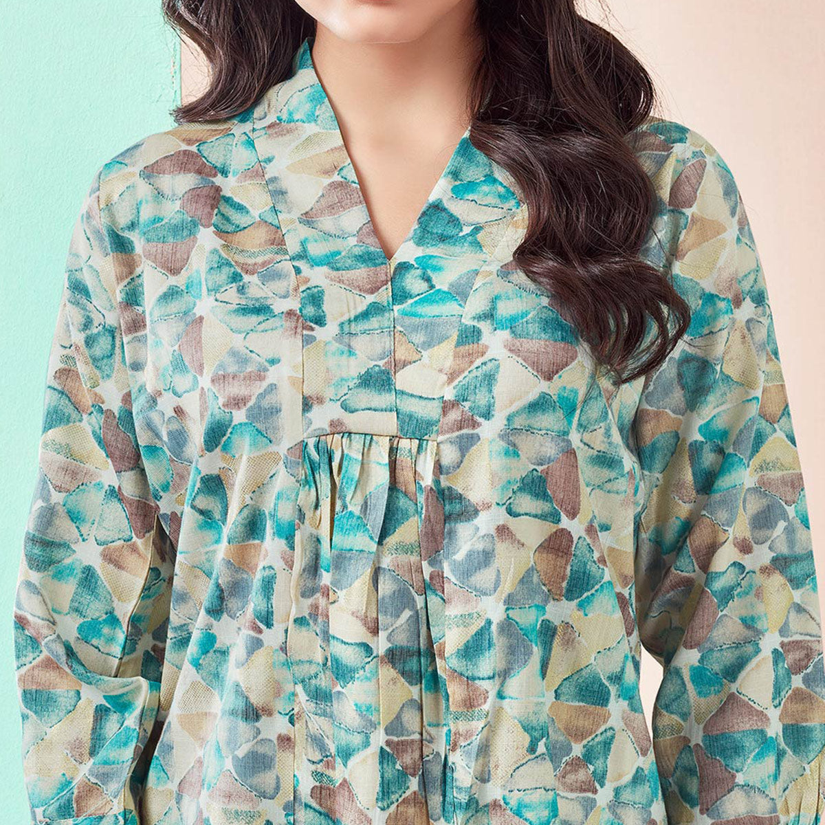 Turquoise Foil Printed Rayon A-Line Top